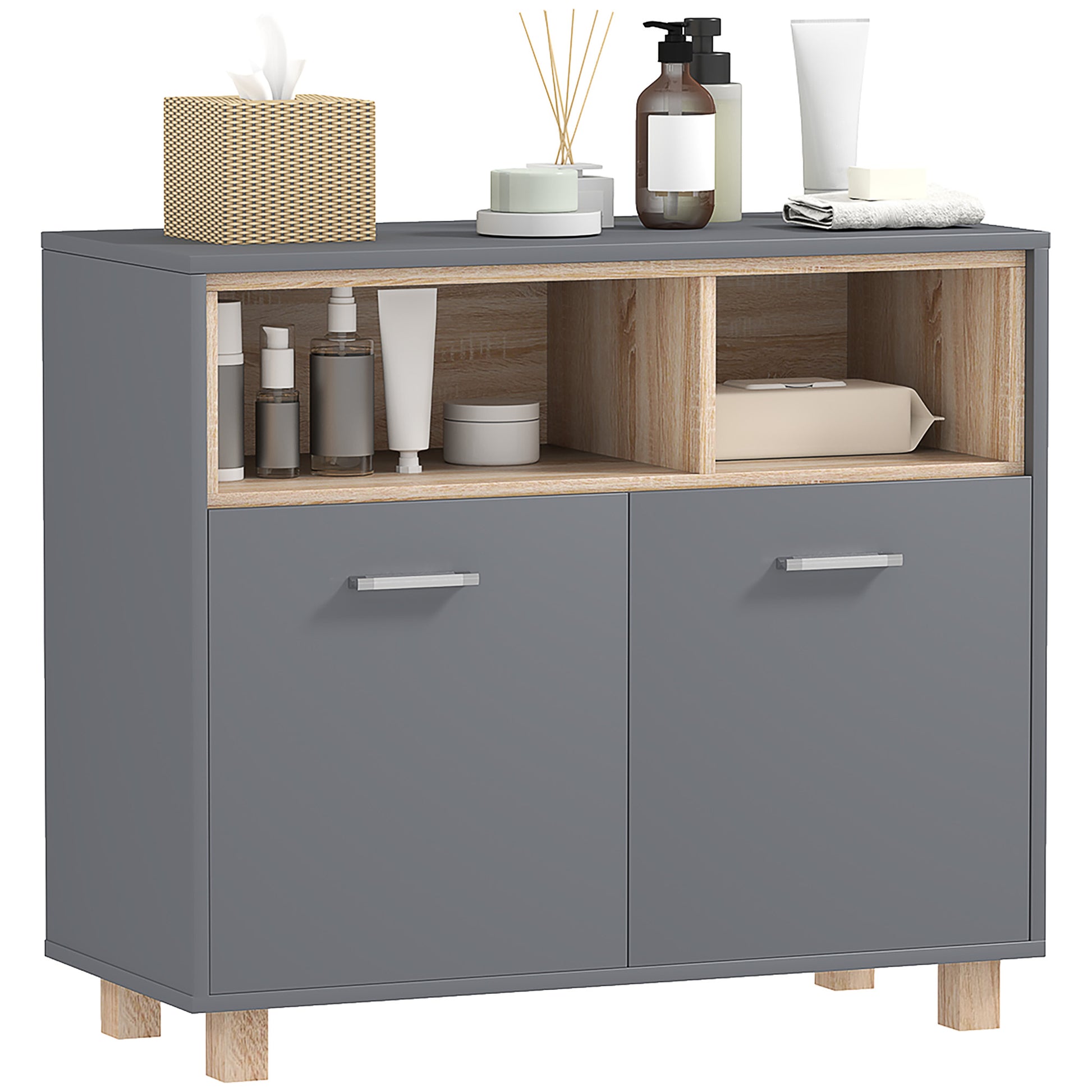 Bathroom Storage Cabinet, modern style storage unit with open compartments and double doors, cabinet for bathroom, living room, kitchen - 80W x 35D x 70H cm, gray