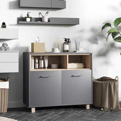 Bathroom Storage Cabinet, modern style storage unit with open compartments and double doors, cabinet for bathroom, living room, kitchen - 80W x 35D x 70H cm, gray