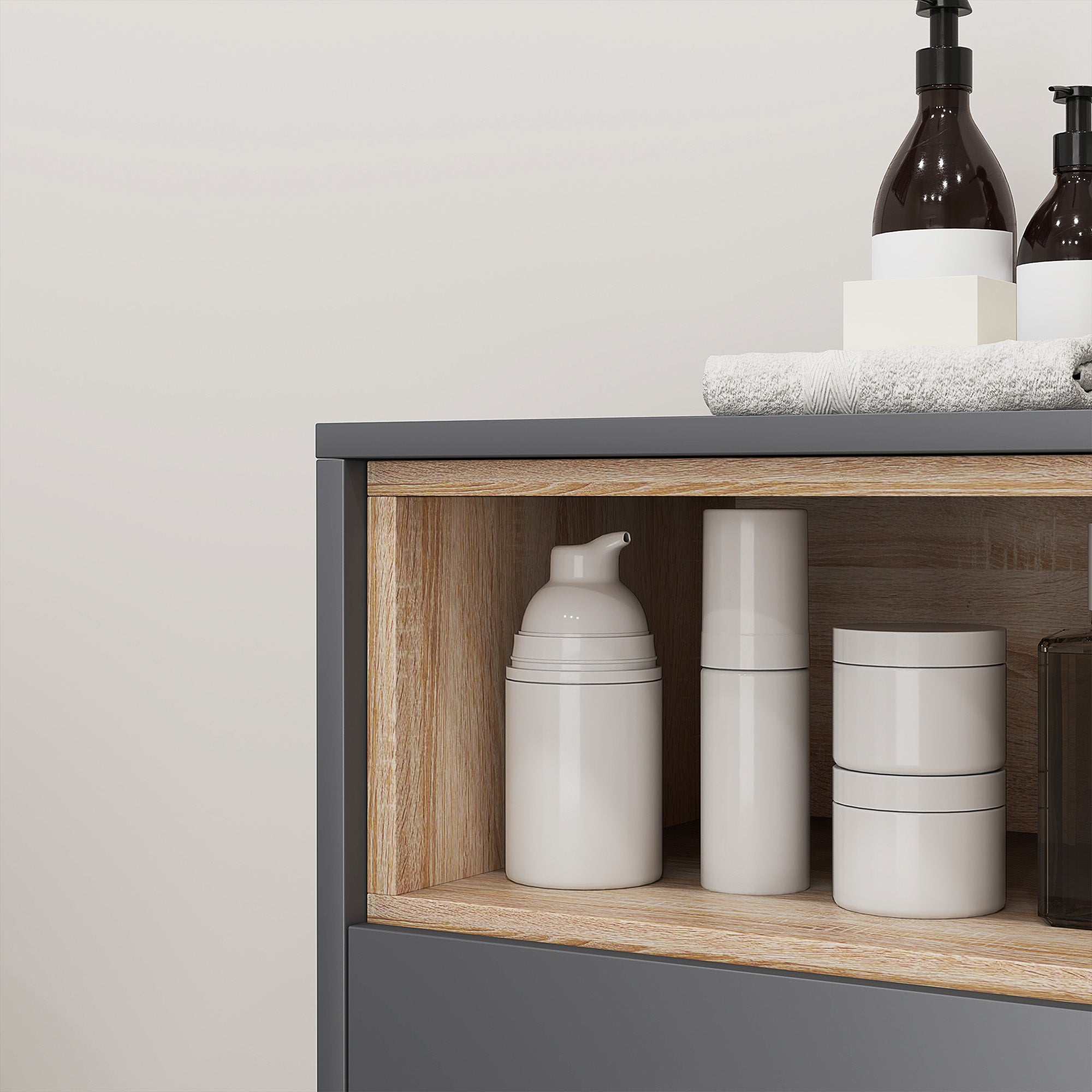 Bathroom Storage Cabinet, modern style storage unit with open compartments and double doors, cabinet for bathroom, living room, kitchen - 80W x 35D x 70H cm, gray
