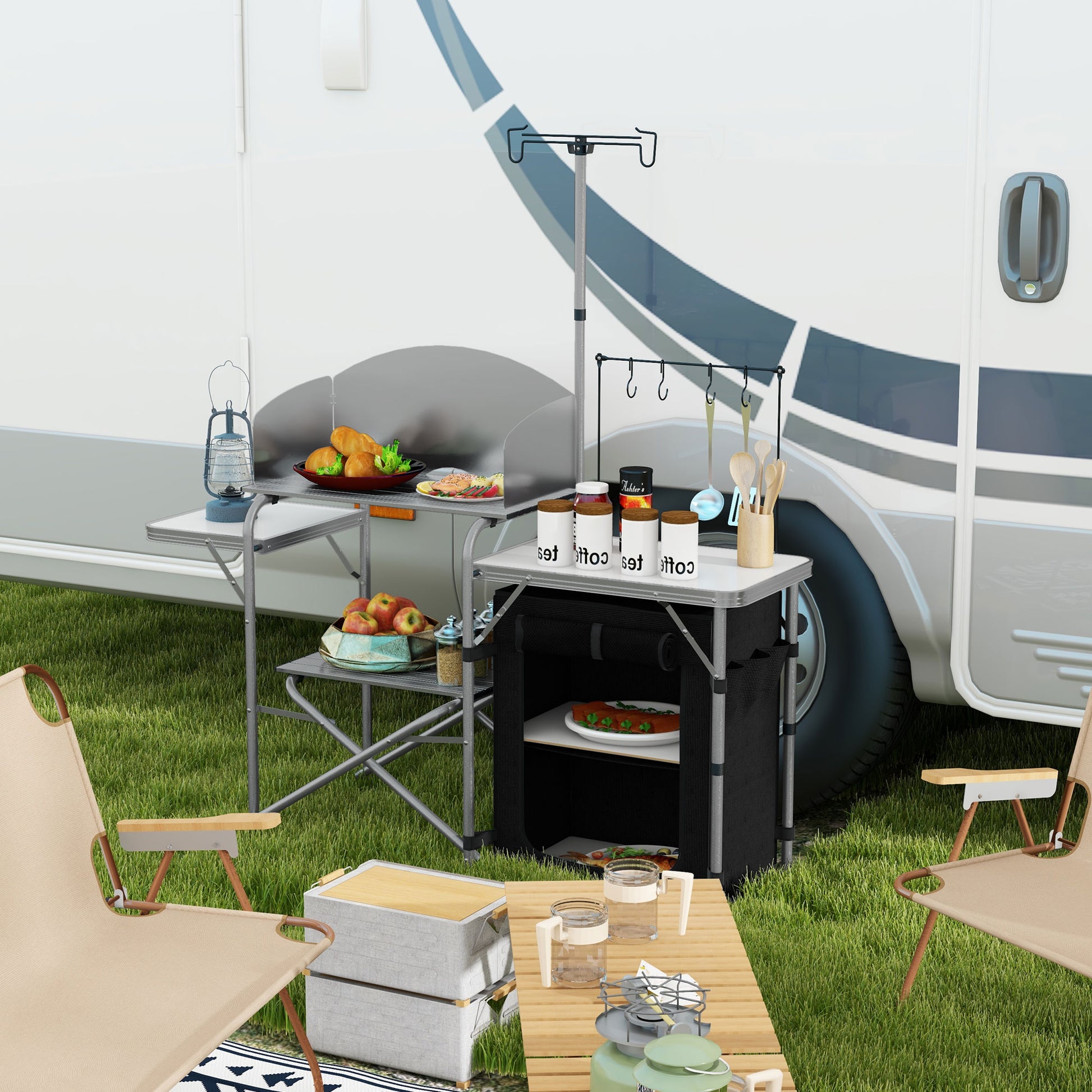 Camping Kitchen Cabinet with Storage, Portable Folding Outdoor Table, Aluminum Cooking Station with Carry Bag