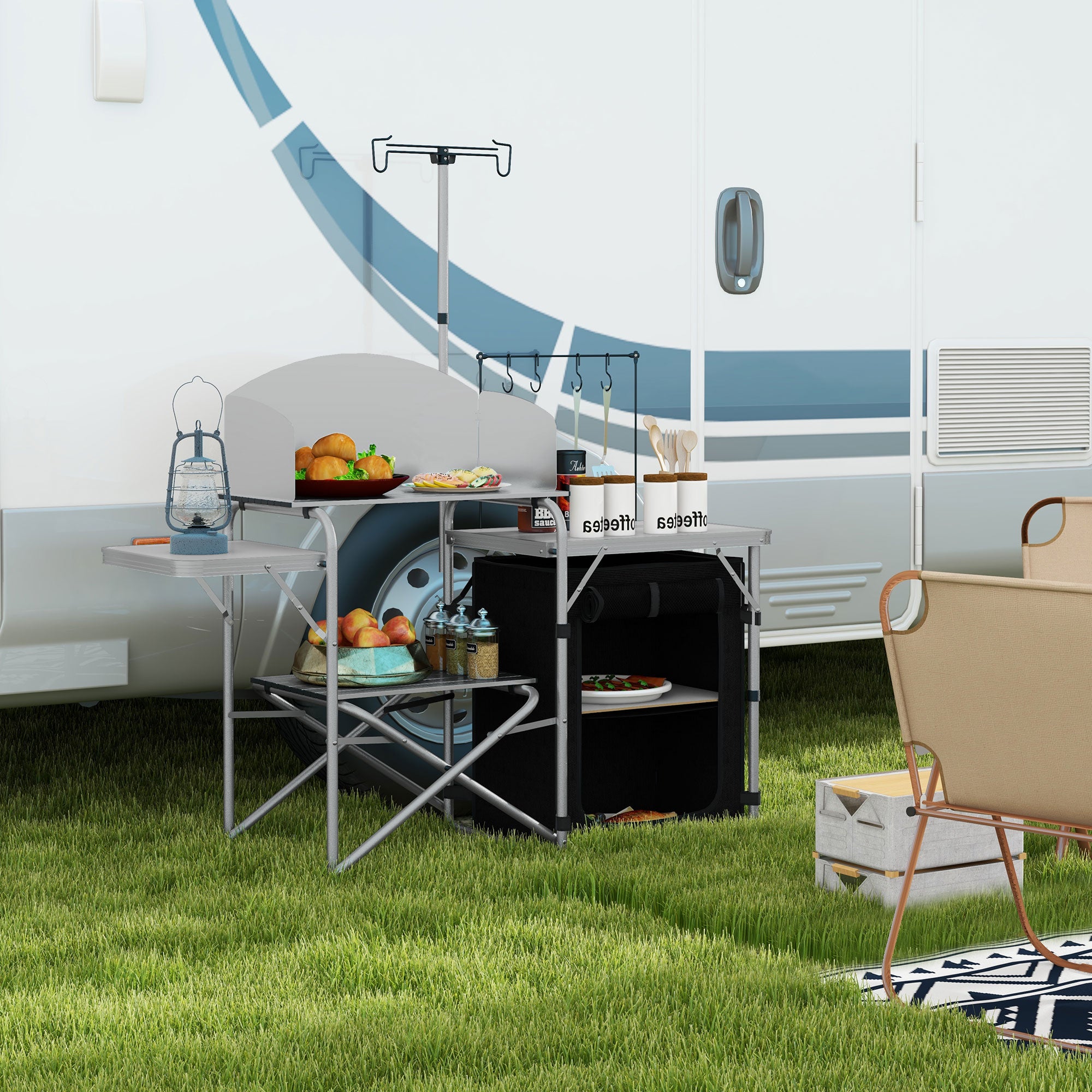 Camping Kitchen Cabinet with Storage, Portable Folding Outdoor Table, Aluminum Cooking Station with Carry Bag
