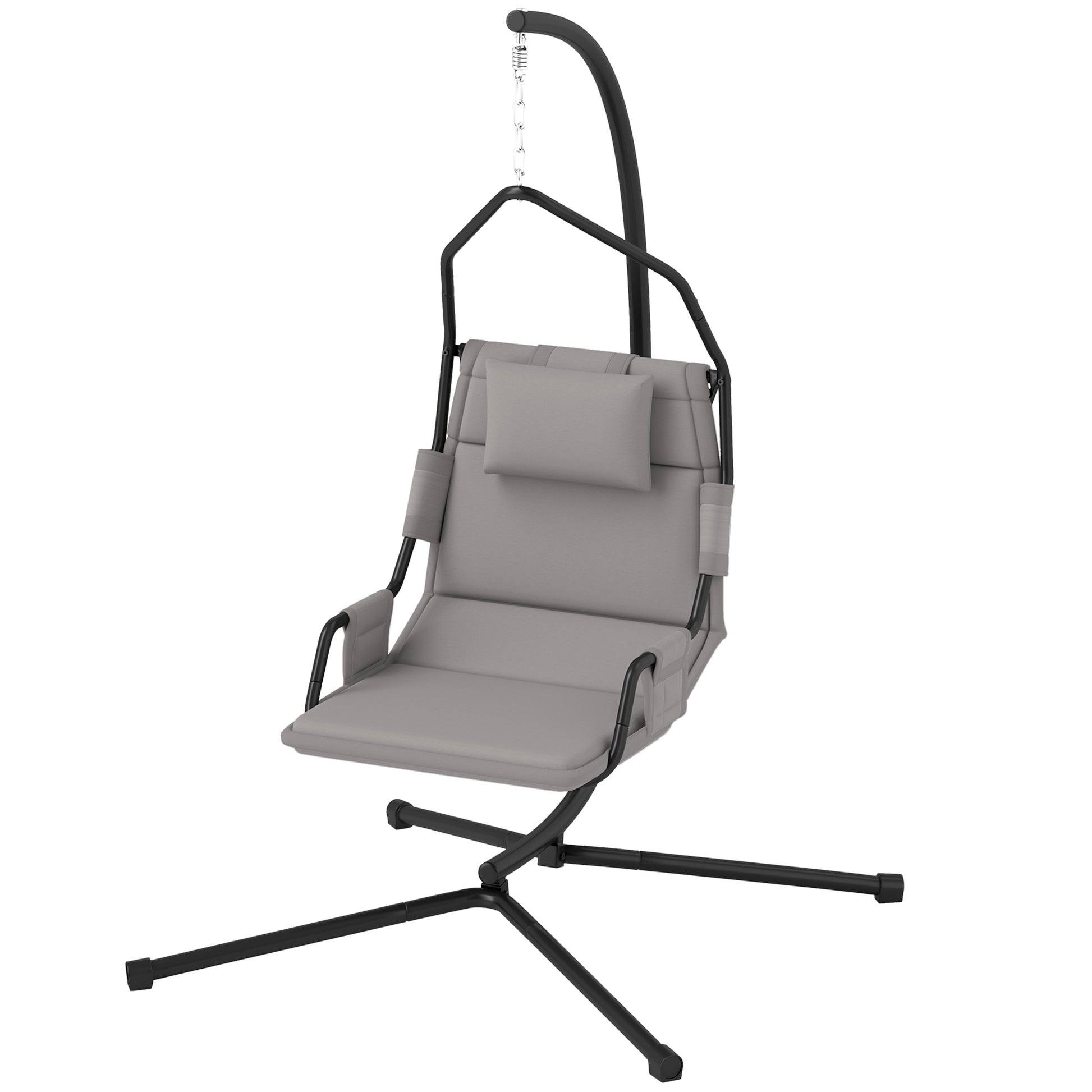 Garden Suspended Armchair with Headrest Cushion, Hook, Chain, Outdoor Steel and Polyester Hanging Chair, 118x98x192 cm, Gray and Black