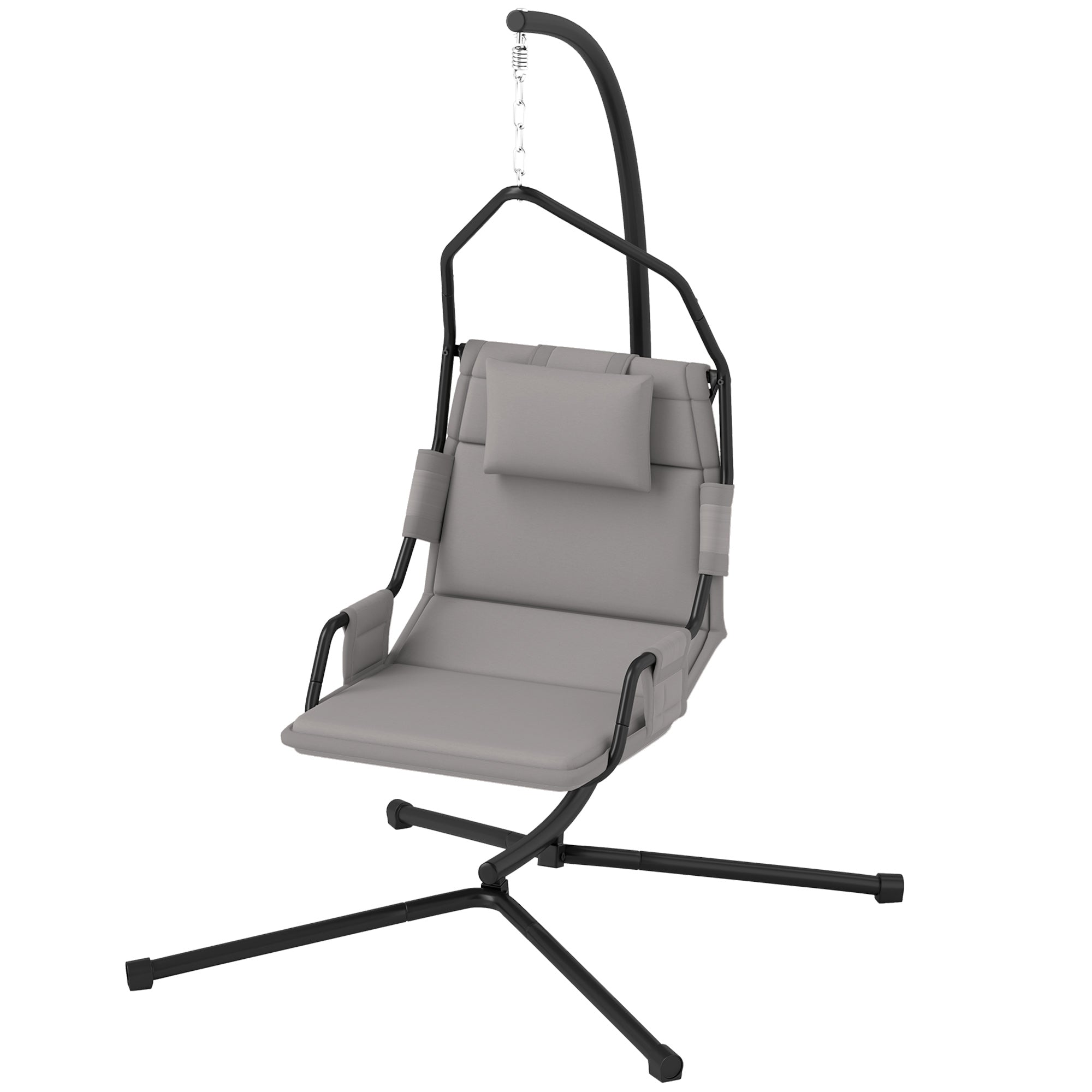 Garden Suspended Armchair with Headrest Cushion, Hook, Chain, Outdoor Steel and Polyester Hanging Chair, 118x98x192 cm, Gray and Black