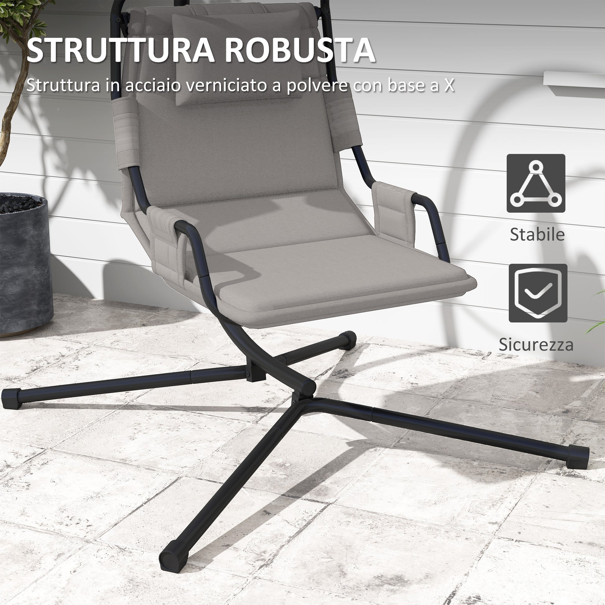 Garden Suspended Armchair with Headrest Cushion, Hook, Chain, Outdoor Steel and Polyester Hanging Chair, 118x98x192 cm, Gray and Black