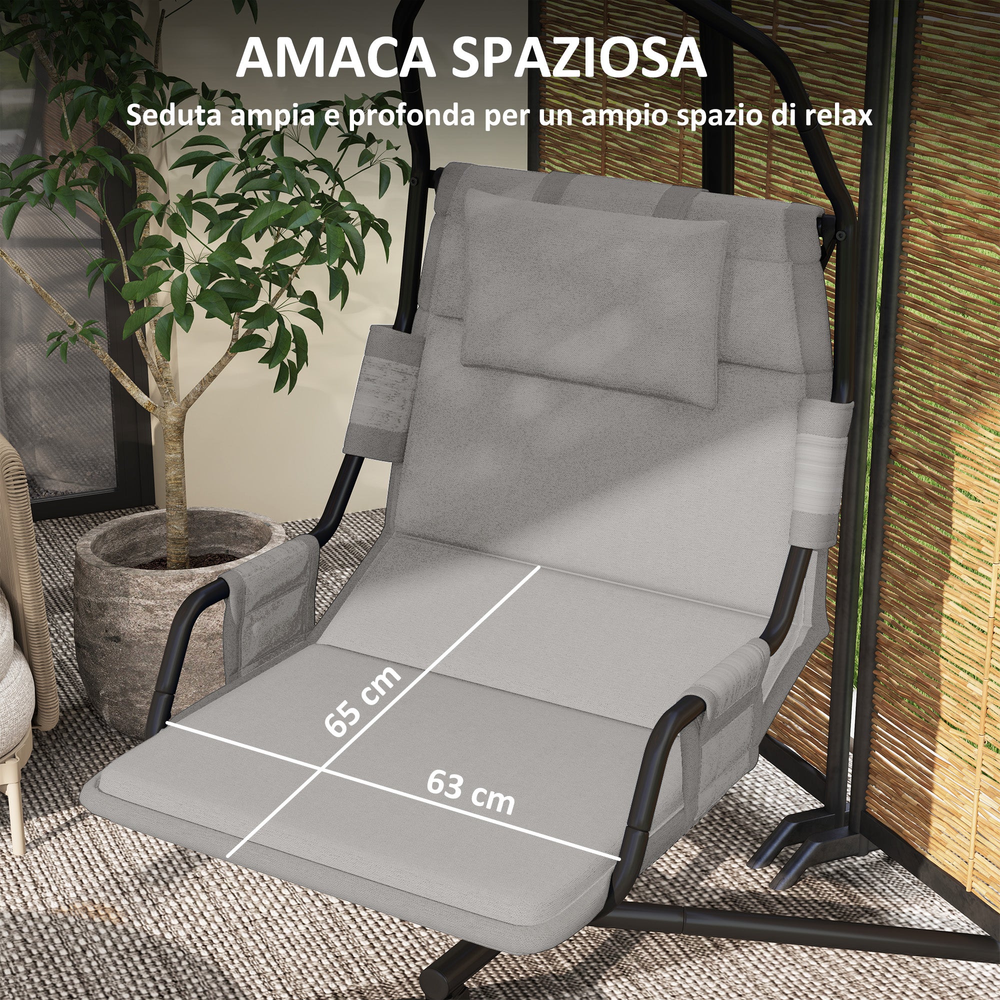 Garden Suspended Armchair with Headrest Cushion, Hook, Chain, Outdoor Steel and Polyester Hanging Chair, 118x98x192 cm, Gray and Black