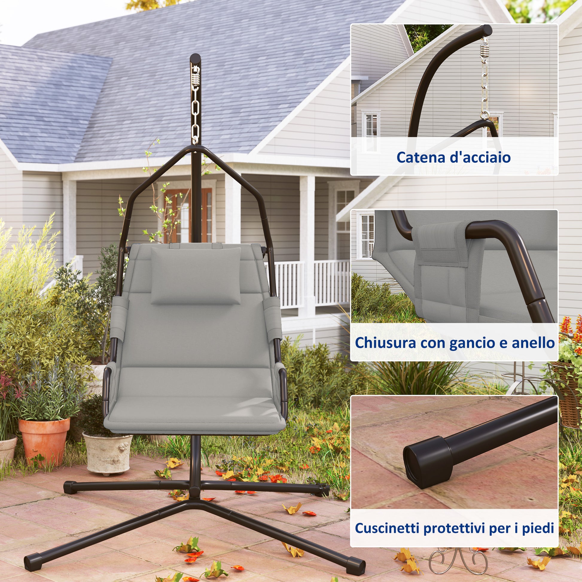 Garden Suspended Armchair with Headrest Cushion, Hook, Chain, Outdoor Steel and Polyester Hanging Chair, 118x98x192 cm, Gray and Black