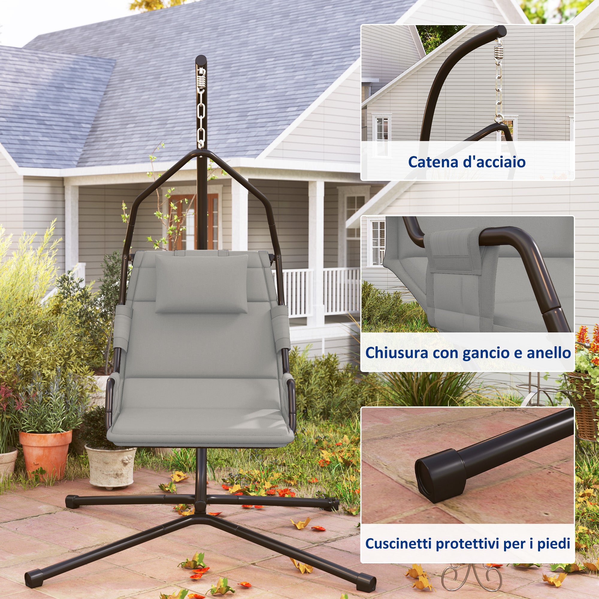 Garden Suspended Armchair with Headrest Cushion, Hook, Chain, Outdoor Steel and Polyester Hanging Chair, 118x98x192 cm, Gray and Black