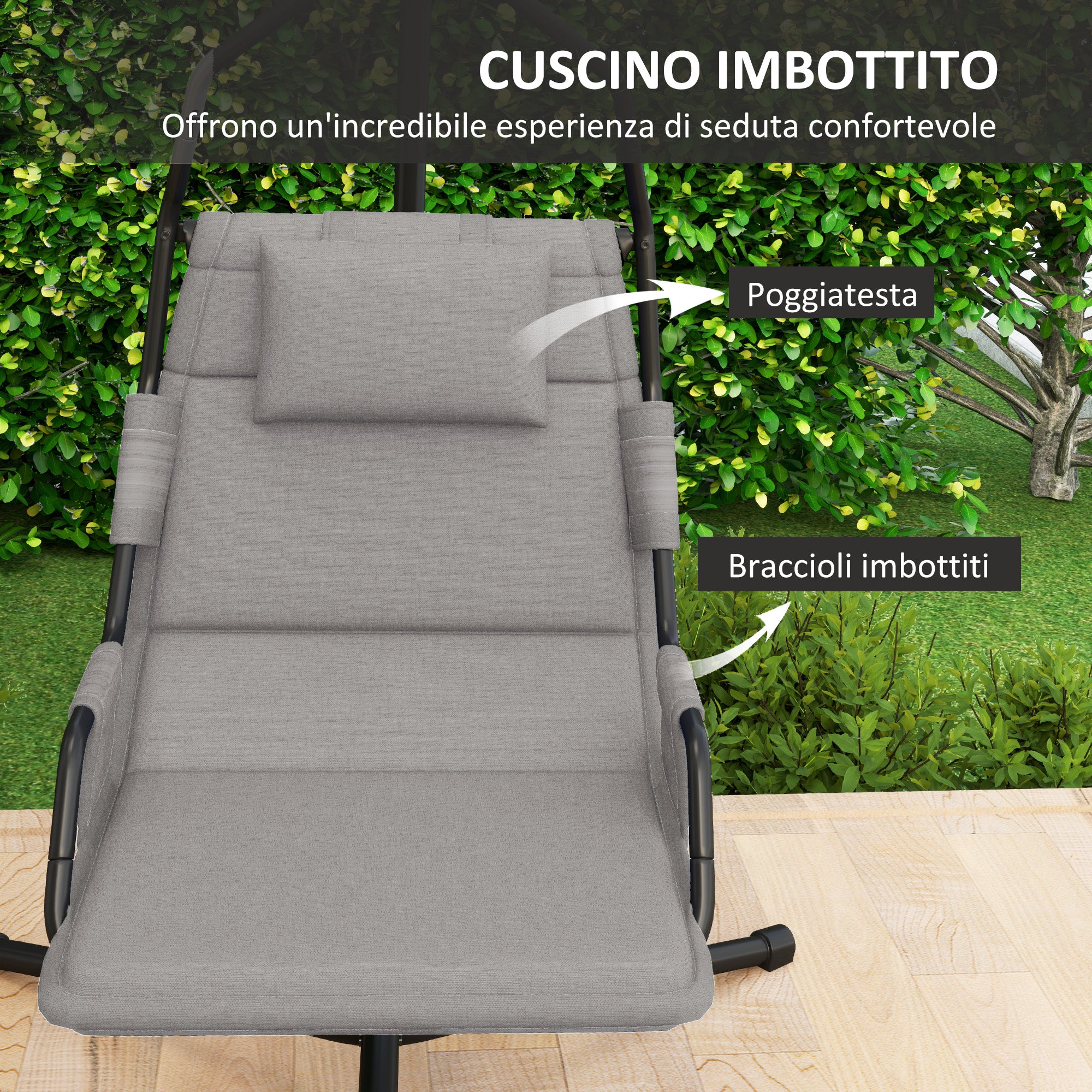 Garden Suspended Armchair with Headrest Cushion, Hook, Chain, Outdoor Steel and Polyester Hanging Chair, 118x98x192 cm, Gray and Black