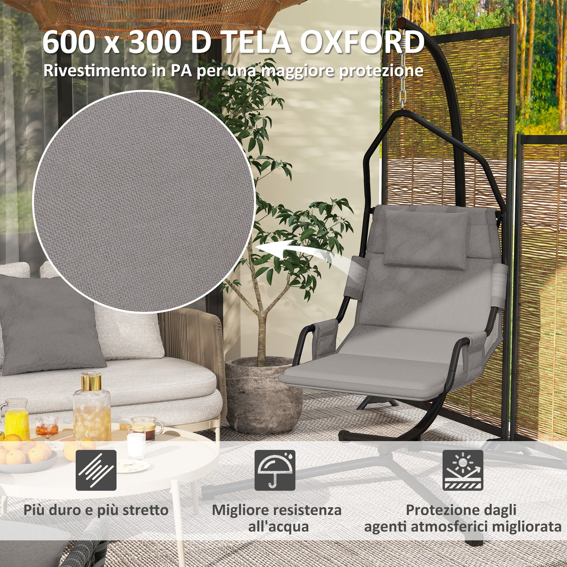 Garden Suspended Armchair with Headrest Cushion, Hook, Chain, Outdoor Steel and Polyester Hanging Chair, 118x98x192 cm, Gray and Black
