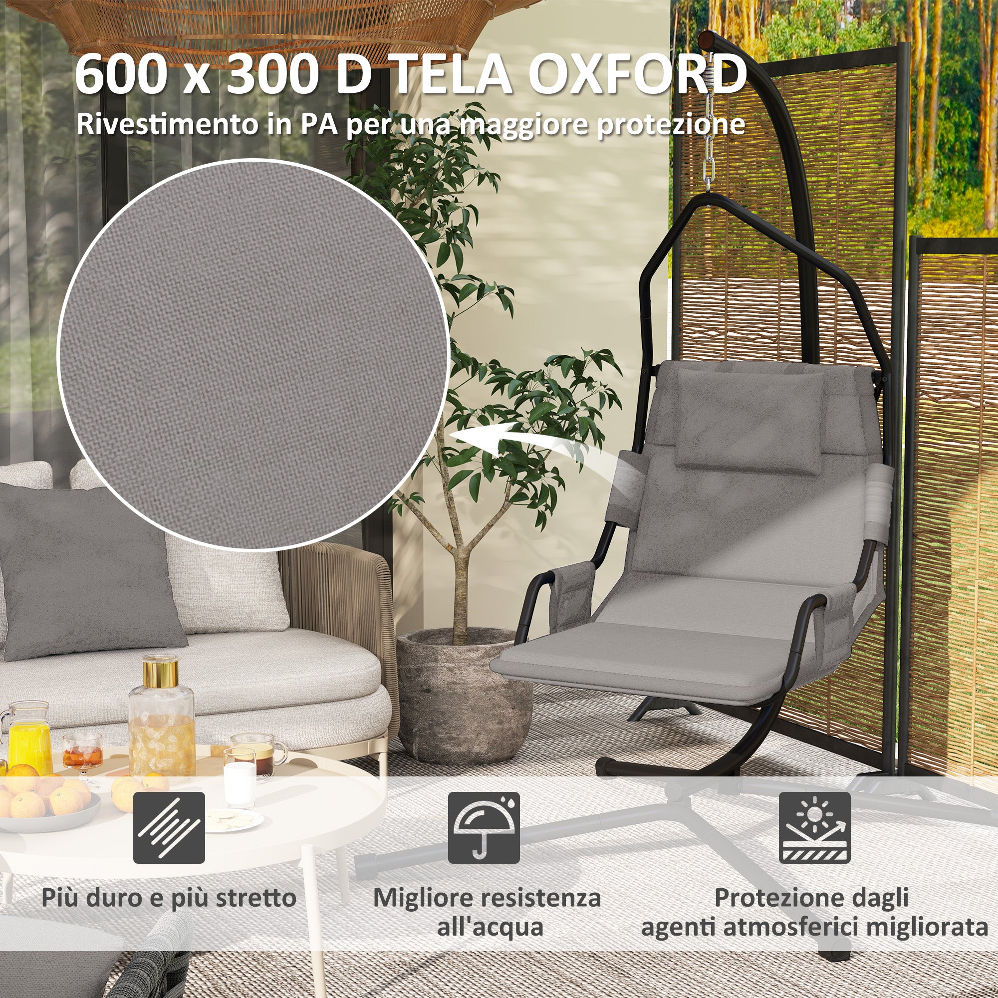 Garden Suspended Armchair with Headrest Cushion, Hook, Chain, Outdoor Steel and Polyester Hanging Chair, 118x98x192 cm, Gray and Black