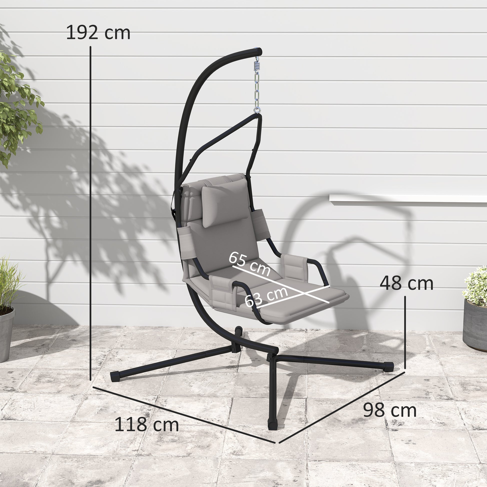 Garden Suspended Armchair with Headrest Cushion, Hook, Chain, Outdoor Steel and Polyester Hanging Chair, 118x98x192 cm, Gray and Black