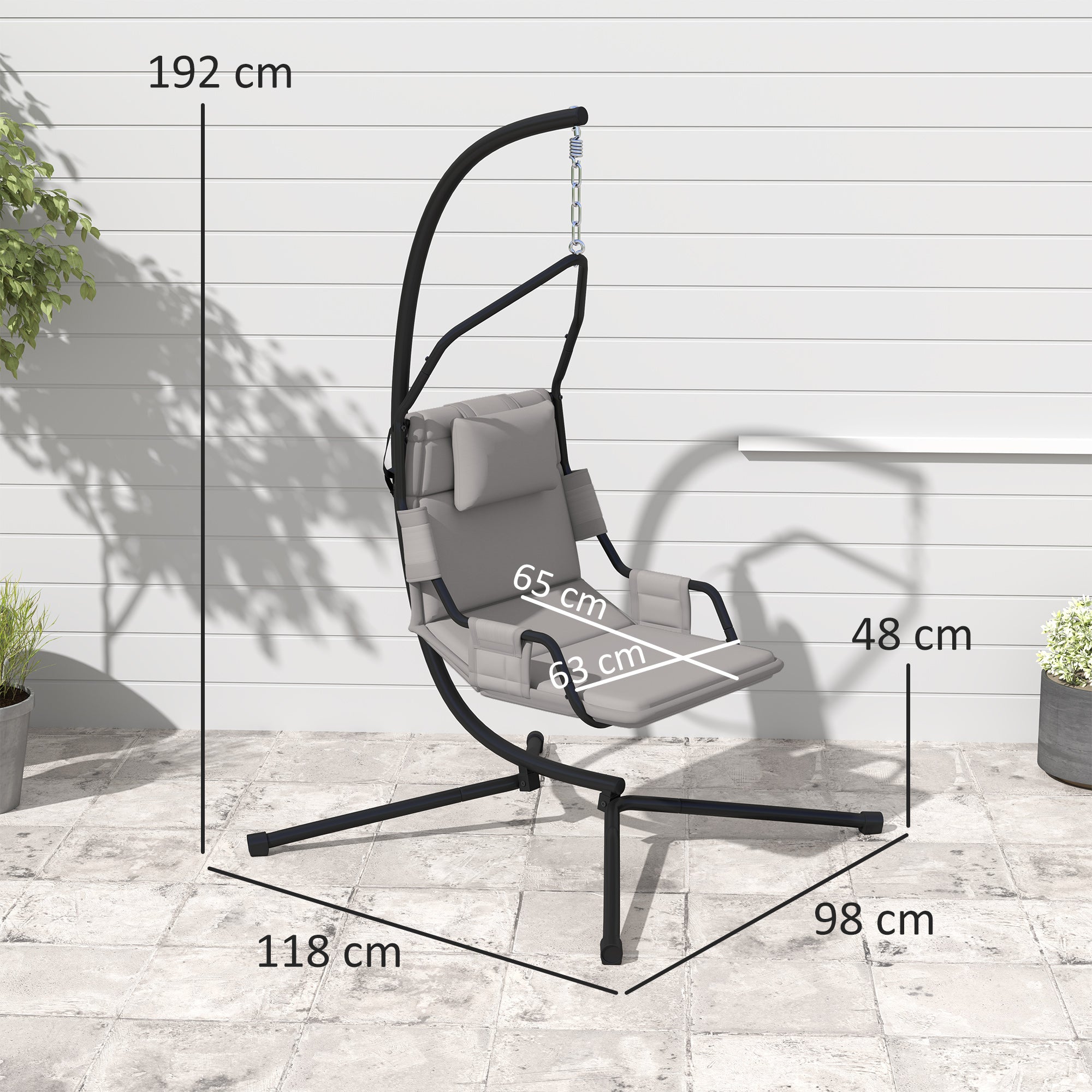 Garden Suspended Armchair with Headrest Cushion, Hook, Chain, Outdoor Steel and Polyester Hanging Chair, 118x98x192 cm, Gray and Black