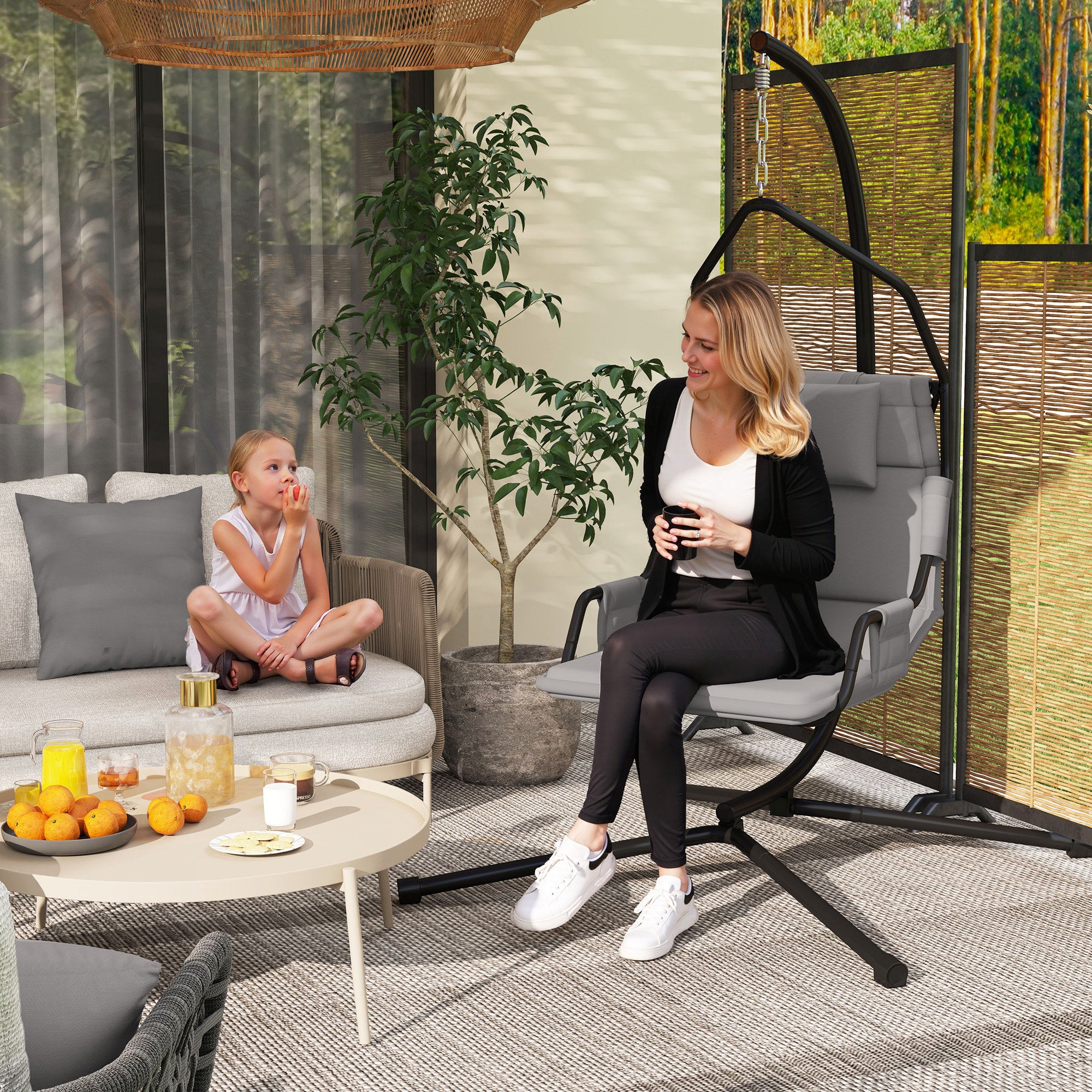Garden Suspended Armchair with Headrest Cushion, Hook, Chain, Outdoor Steel and Polyester Hanging Chair, 118x98x192 cm, Gray and Black