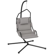 Garden Suspended Armchair with Headrest Cushion, Hook, Chain, Outdoor Steel and Polyester Hanging Chair, 118x98x192 cm, Gray and Black