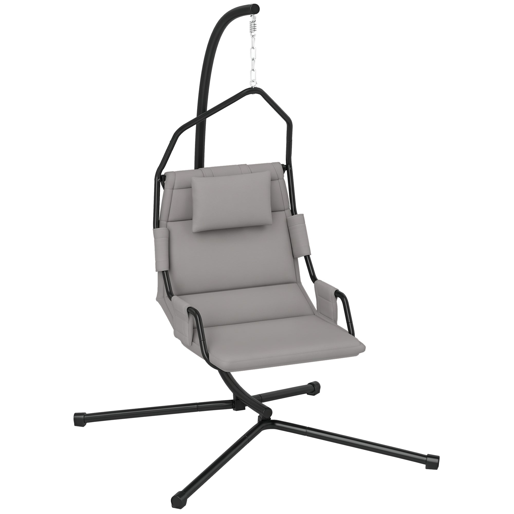 Garden Suspended Armchair with Headrest Cushion, Hook, Chain, Outdoor Steel and Polyester Hanging Chair, 118x98x192 cm, Gray and Black
