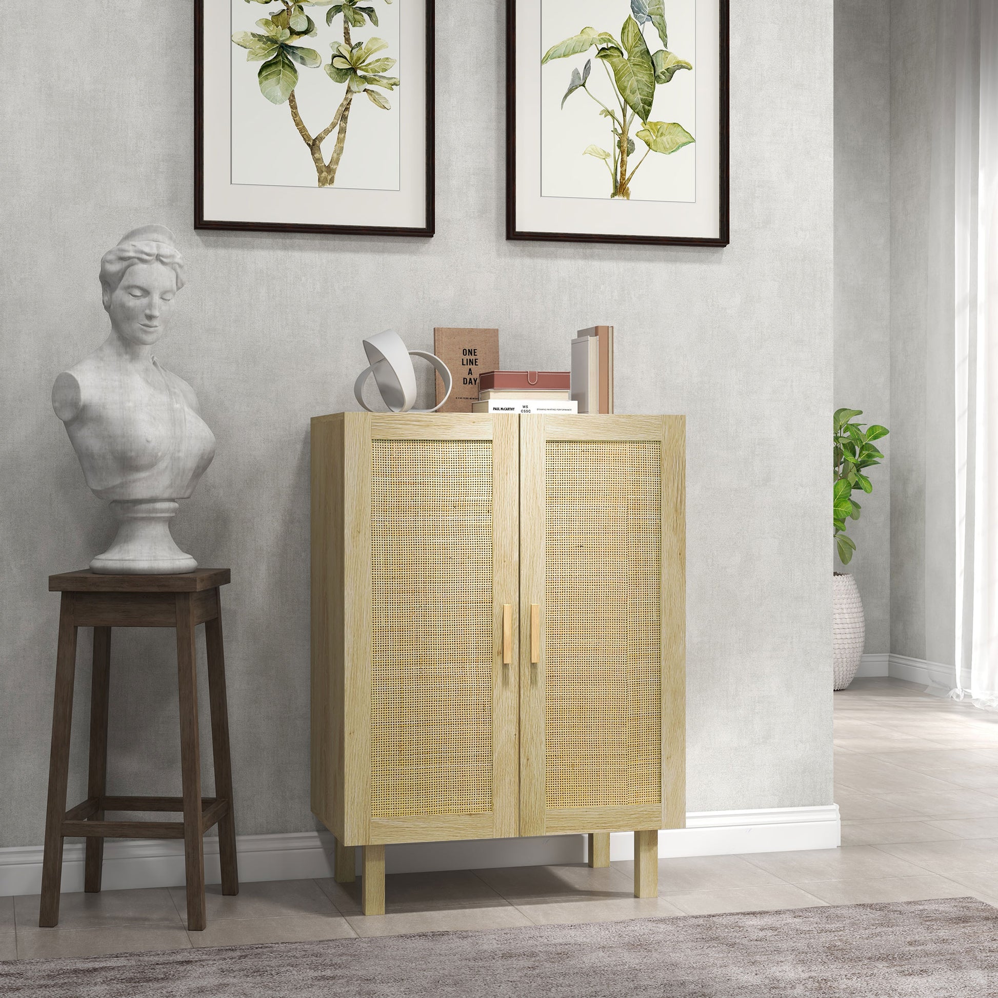 Rattan Cane 2-Door Sideboard Bohemian Style with Adjustable Shelves for Dining Room Entryway Bedroom Natural 73x41x102 cm
