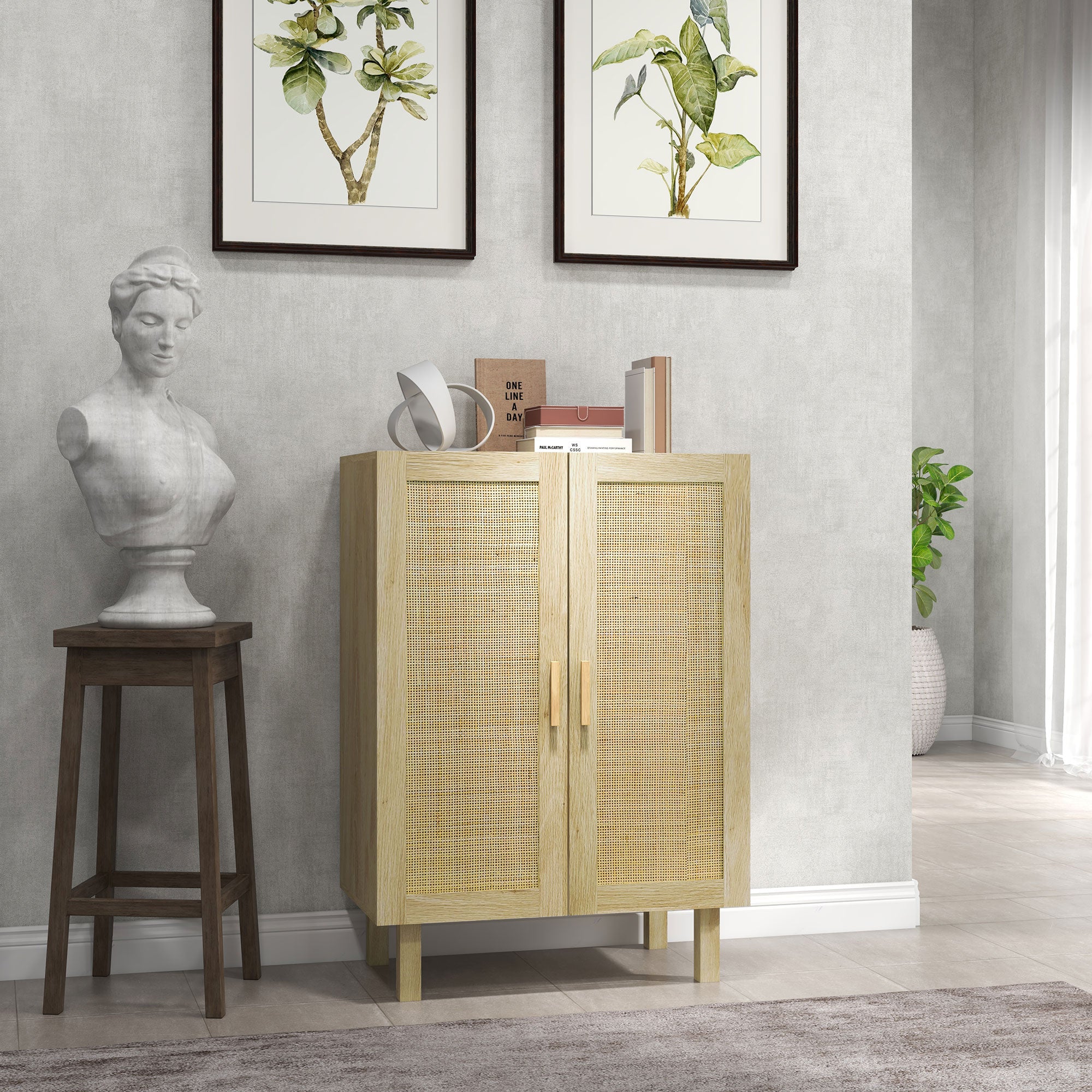 Rattan Cane 2-Door Sideboard Bohemian Style with Adjustable Shelves for Dining Room Entryway Bedroom Natural 73x41x102 cm