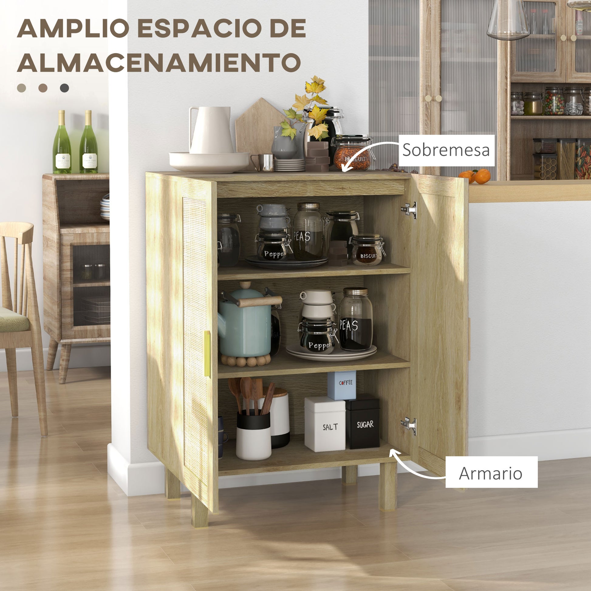 Rattan Cane 2-Door Sideboard Bohemian Style with Adjustable Shelves for Dining Room Entryway Bedroom Natural 73x41x102 cm