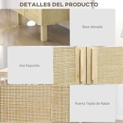 Rattan Cane 2-Door Sideboard Bohemian Style with Adjustable Shelves for Dining Room Entryway Bedroom Natural 73x41x102 cm