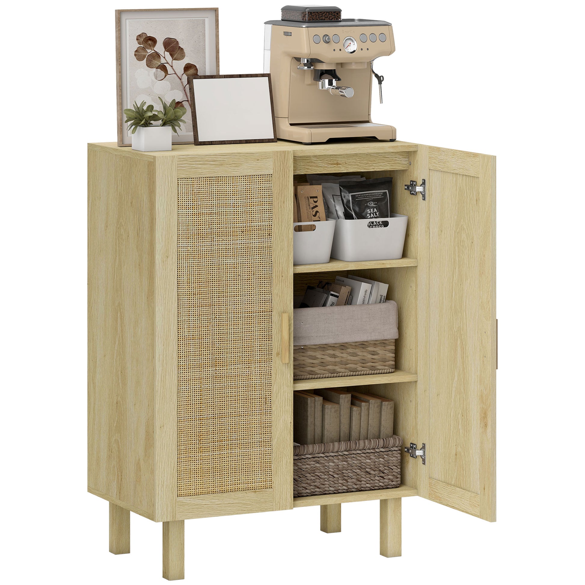 Rattan Cane 2-Door Sideboard Bohemian Style with Adjustable Shelves for Dining Room Entryway Bedroom Natural 73x41x102 cm