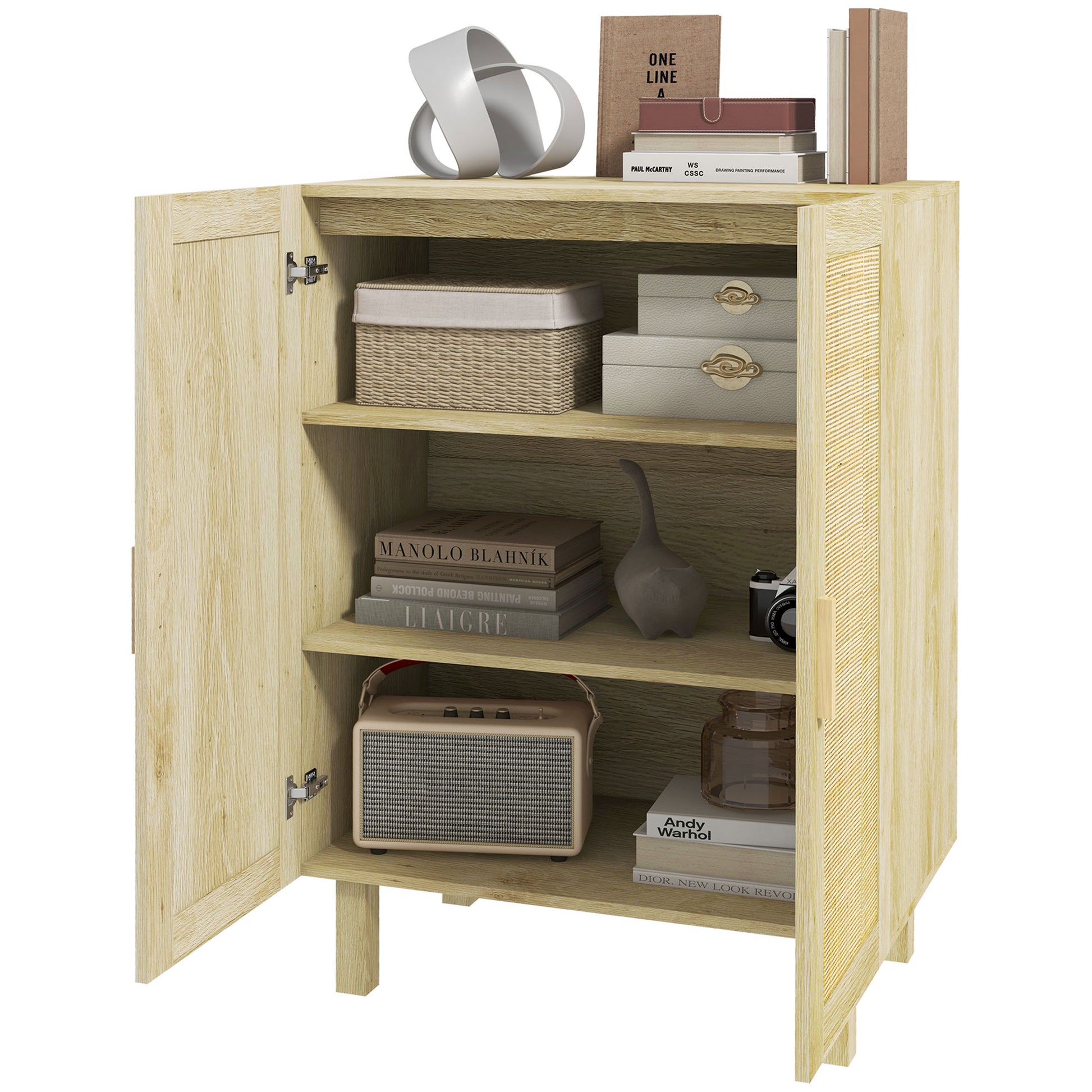 Rattan Cane 2-Door Sideboard Bohemian Style with Adjustable Shelves for Dining Room Entryway Bedroom Natural 73x41x102 cm