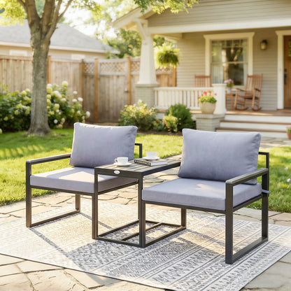 3-Piece Balcony Bistro Set – 2 Armchairs & Table with Removable Breathable Seat and Back Cushions, Steel Patio Furniture, Gray