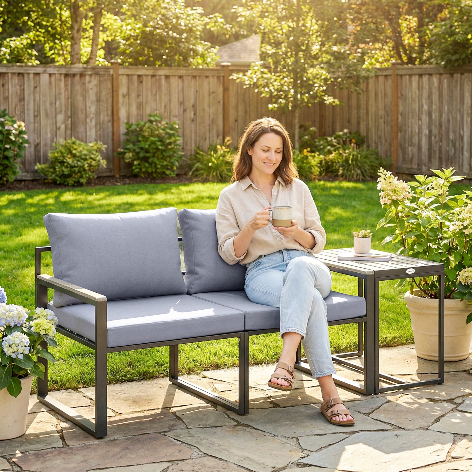 3-Piece Balcony Bistro Set – 2 Armchairs & Table with Removable Breathable Seat and Back Cushions, Steel Patio Furniture, Gray