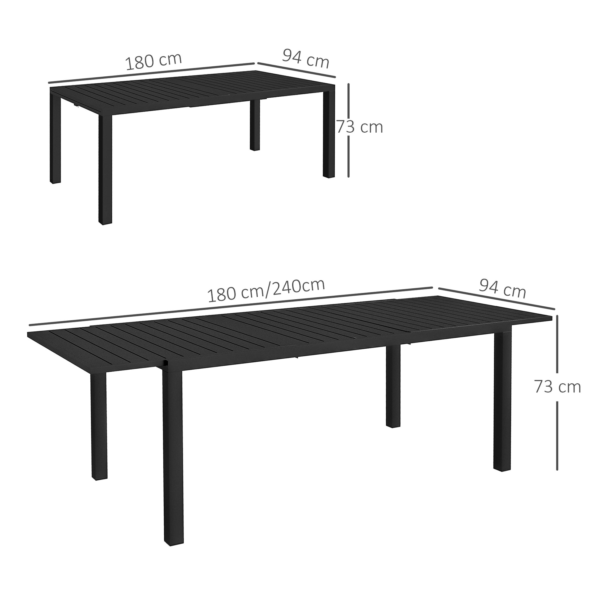 Extendable garden table rectangular aluminum patio dining table for 6 - 8 people, max load 50kg, dim. 180/240L x 94W x 73H cm, black