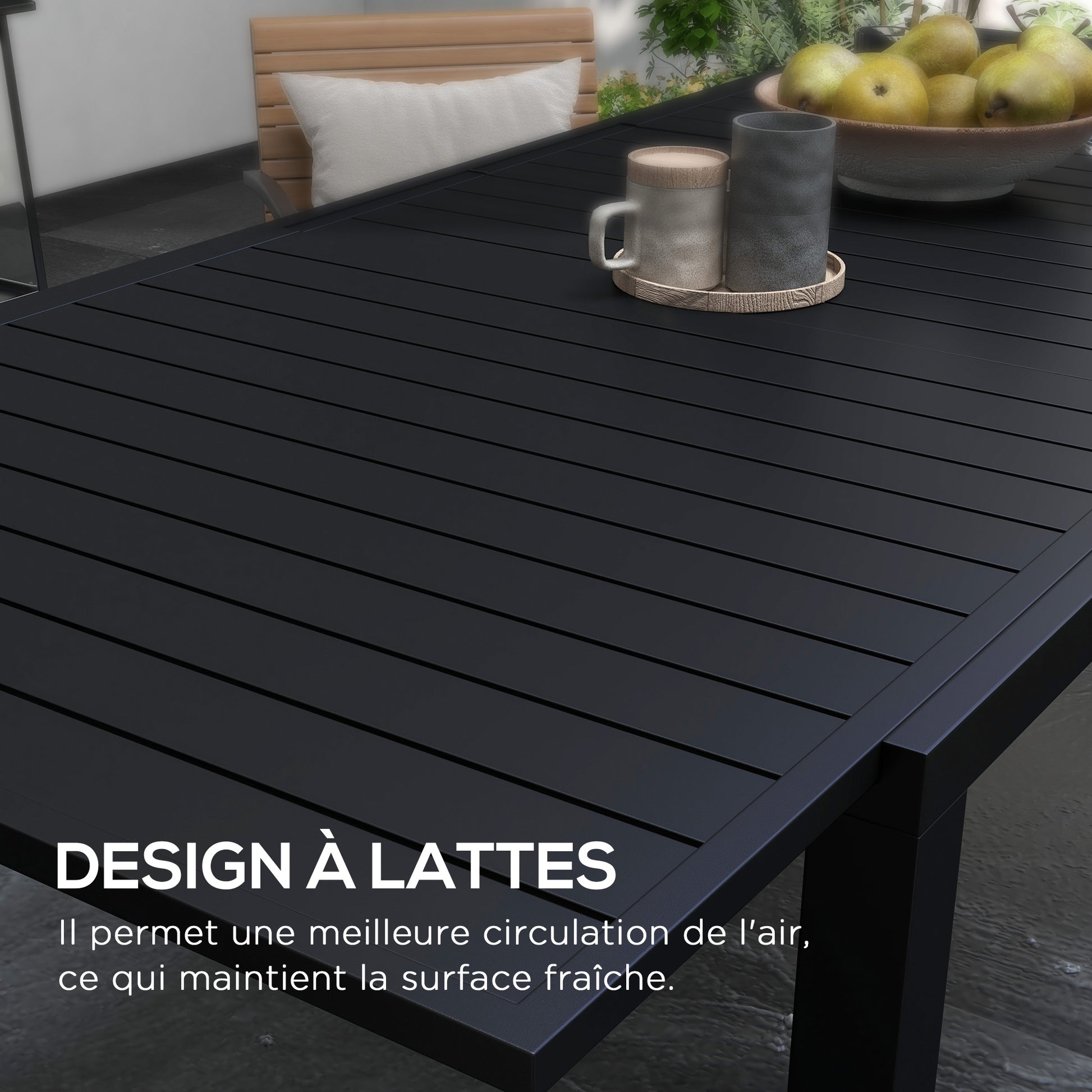 Extendable garden table rectangular aluminum patio dining table for 6 - 8 people, max load 50kg, dim. 180/240L x 94W x 73H cm, black