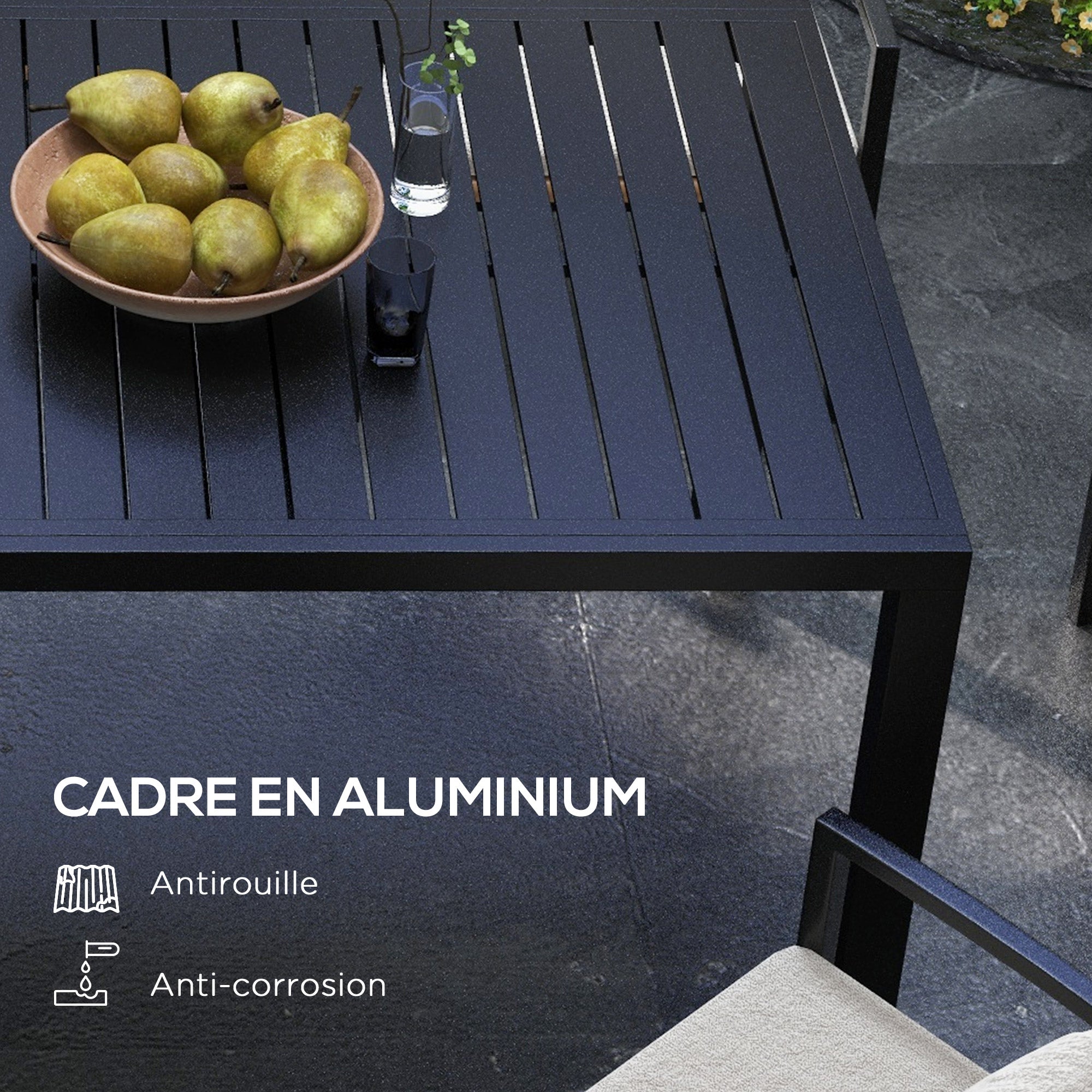 Extendable garden table rectangular aluminum patio dining table for 6 - 8 people, max load 50kg, dim. 180/240L x 94W x 73H cm, black