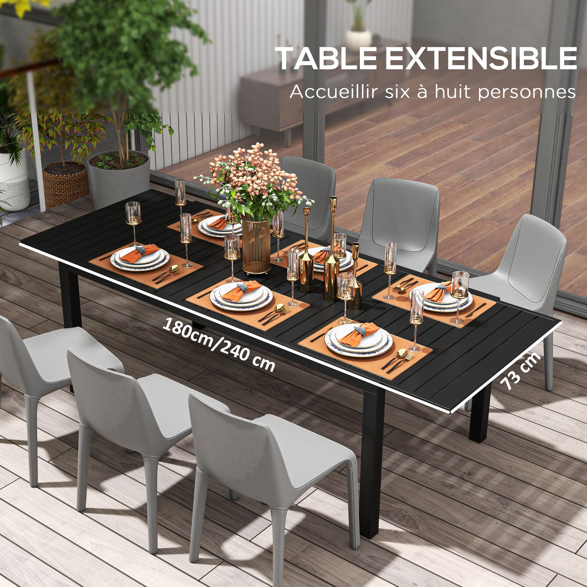 Extendable garden table rectangular aluminum patio dining table for 6 - 8 people, max load 50kg, dim. 180/240L x 94W x 73H cm, black