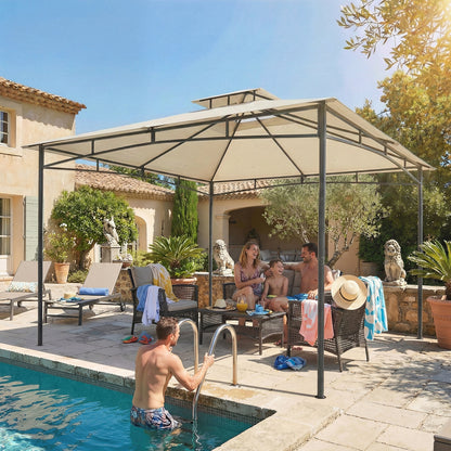 10 ft x 10 ft Waterproof Garden Gazebo — Double Roof, Retractable Top Frame, UPF 50+, Cream White