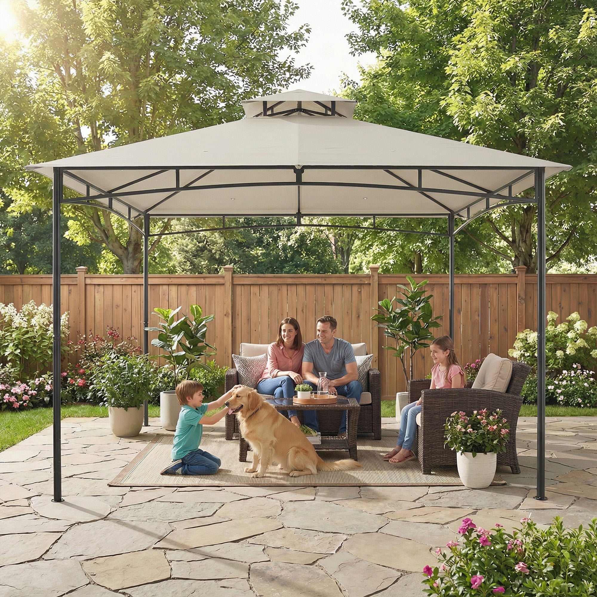 10 ft x 10 ft Waterproof Garden Gazebo — Double Roof, Retractable Top Frame, UPF 50+, Cream White