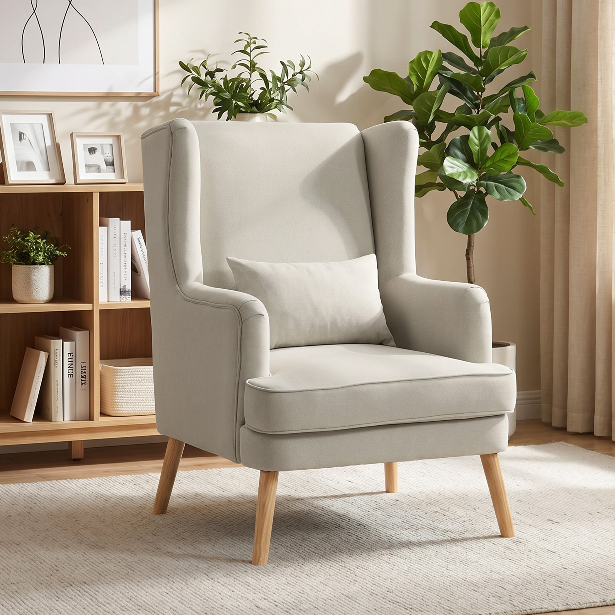 Wing Armchair with Lumbar Pillow — High-Back, Wide Seat, Linen-Look Scandinavian Lounge Chair for Living Room & Bedroom, Beige