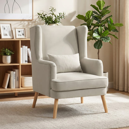 Wing Armchair with Lumbar Pillow — High-Back, Wide Seat, Linen-Look Scandinavian Lounge Chair for Living Room & Bedroom, Beige
