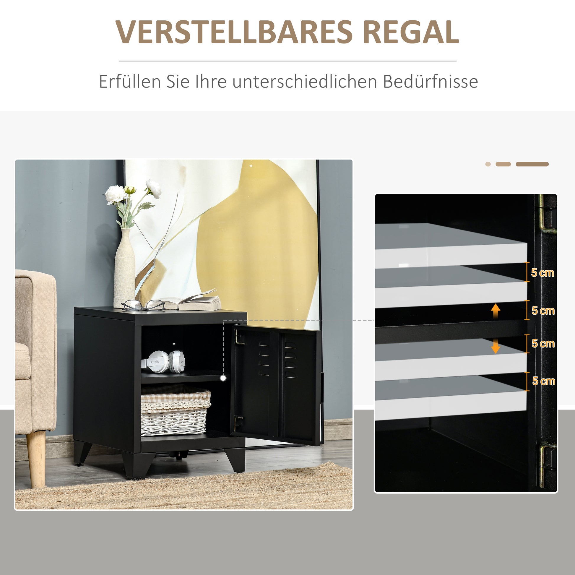 Nightstand, Side Table with Adjustable Shelf, Door, Bedside Table for Bedroom, Living Room, Metal, Black, 50 x 40 x 47.5 cm