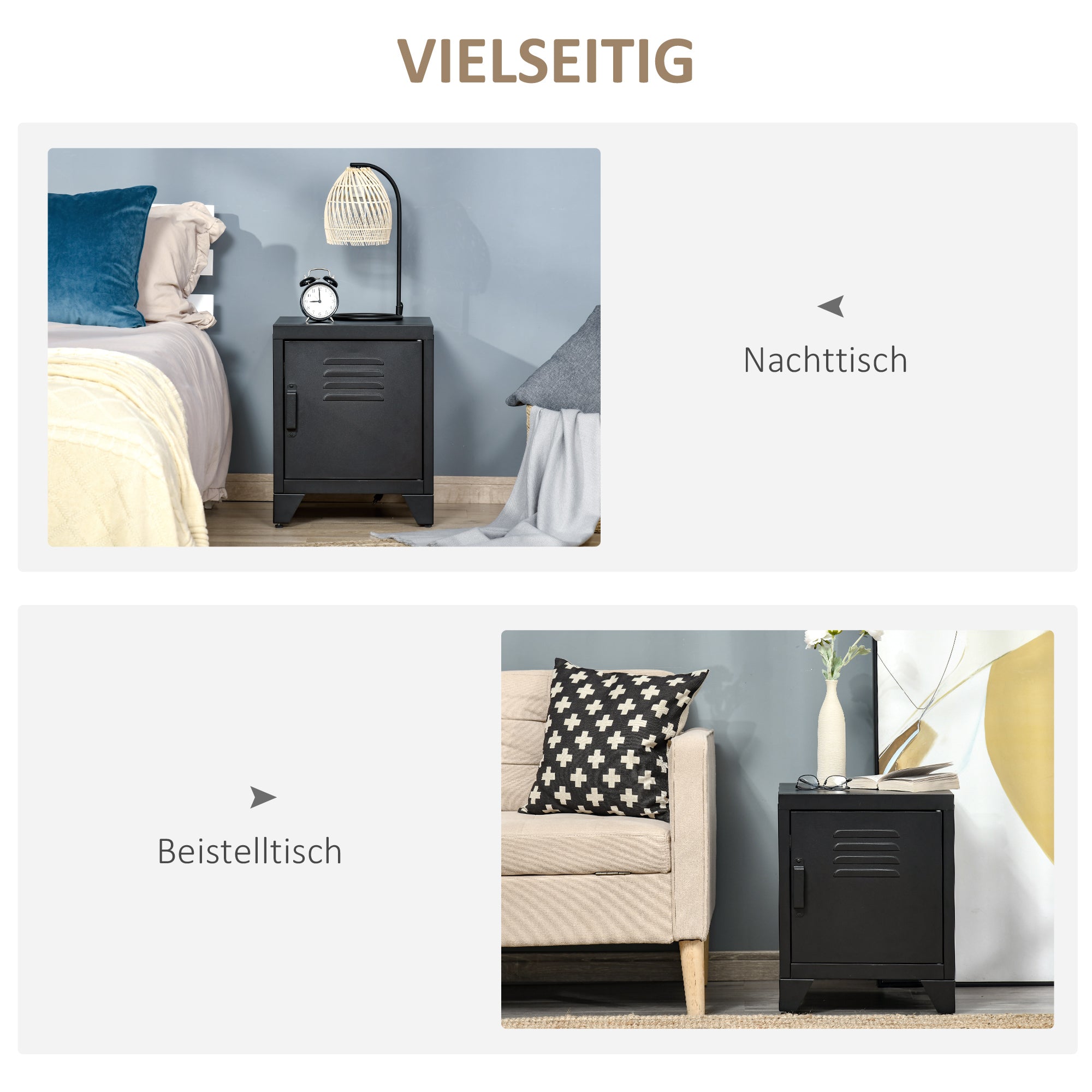 Nightstand, Side Table with Adjustable Shelf, Door, Bedside Table for Bedroom, Living Room, Metal, Black, 50 x 40 x 47.5 cm