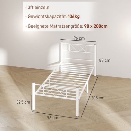 Bed Frame for Mattress 200 x 90 cm, Bedstead 88 cm High Single Bed Frame made of steel, for bedroom guest room, White