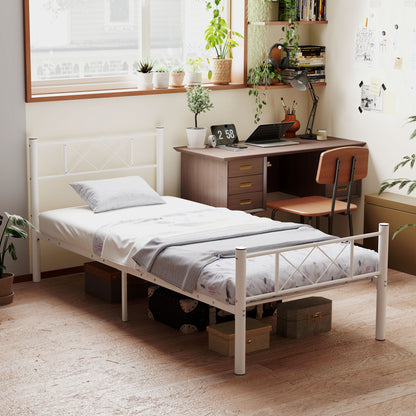 Bed Frame for Mattress 200 x 90 cm, Bedstead 88 cm High Single Bed Frame made of steel, for bedroom guest room, White