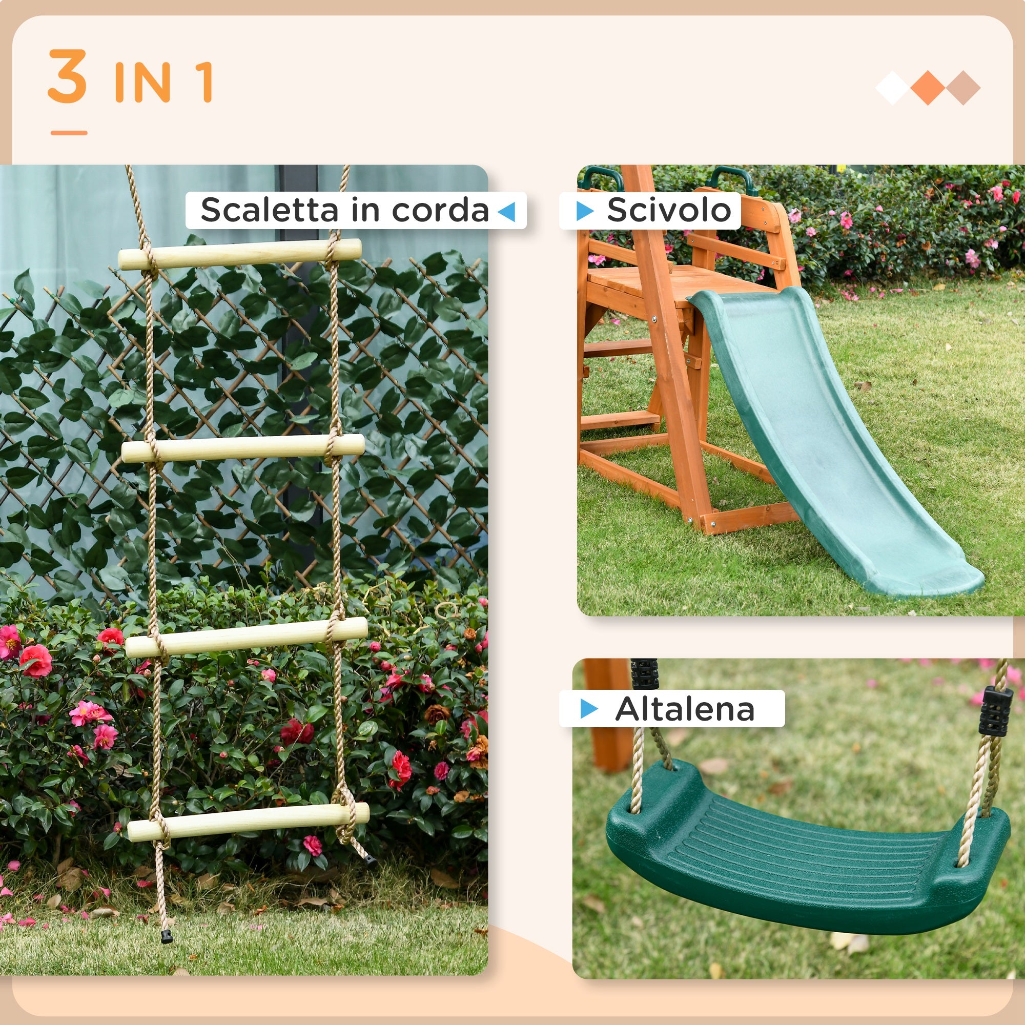 3 in 1 Set with Slide, Garden Swing, and Rope Ladder, Outdoor Playset for Children Ages 3-8, Wooden Structure, Green