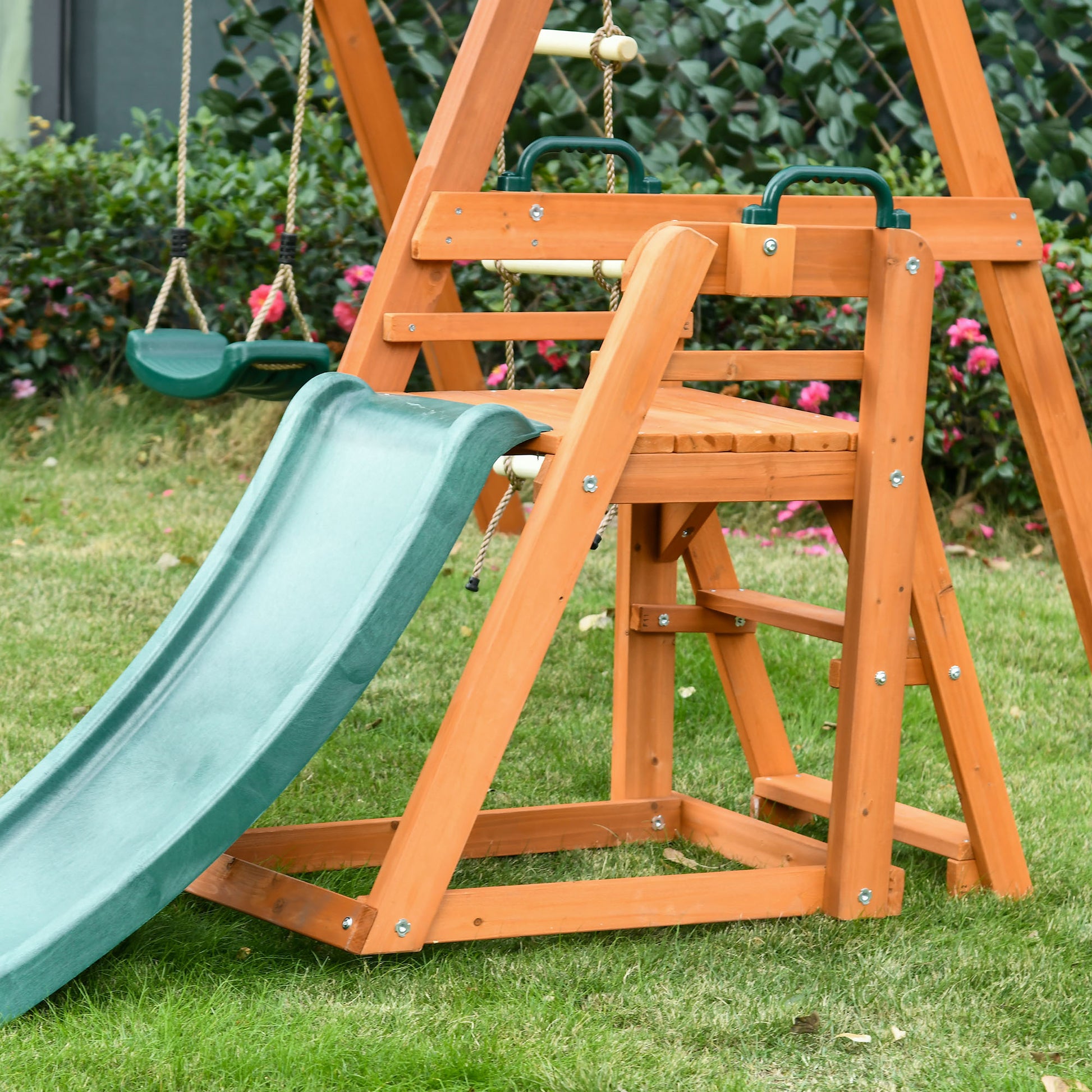 3 in 1 Set with Slide, Garden Swing, and Rope Ladder, Outdoor Playset for Children Ages 3-8, Wooden Structure, Green