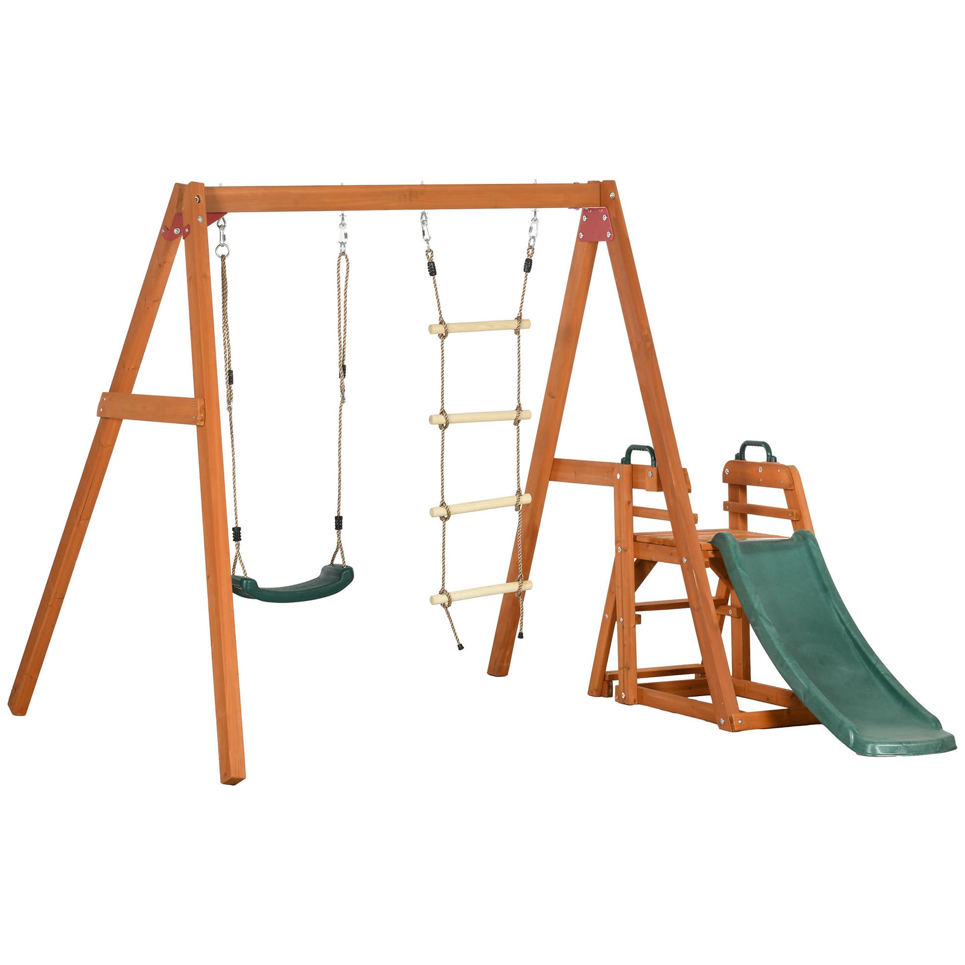 3 in 1 Set with Slide, Garden Swing, and Rope Ladder, Outdoor Playset for Children Ages 3-8, Wooden Structure, Green