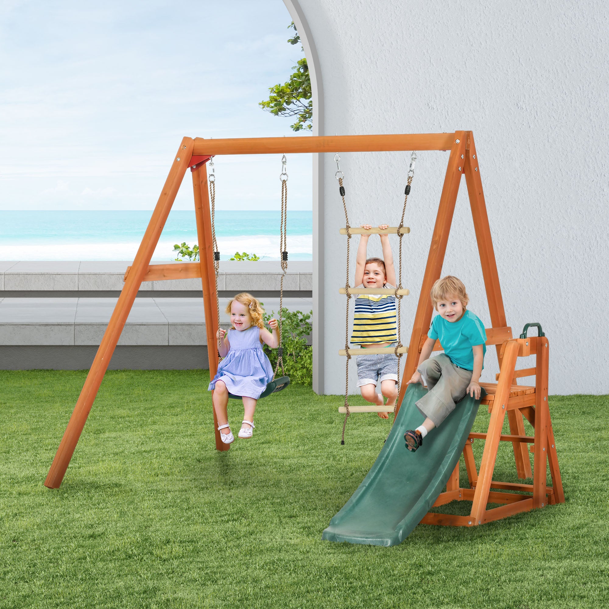 3 in 1 Set with Slide, Garden Swing, and Rope Ladder, Outdoor Playset for Children Ages 3-8, Wooden Structure, Green