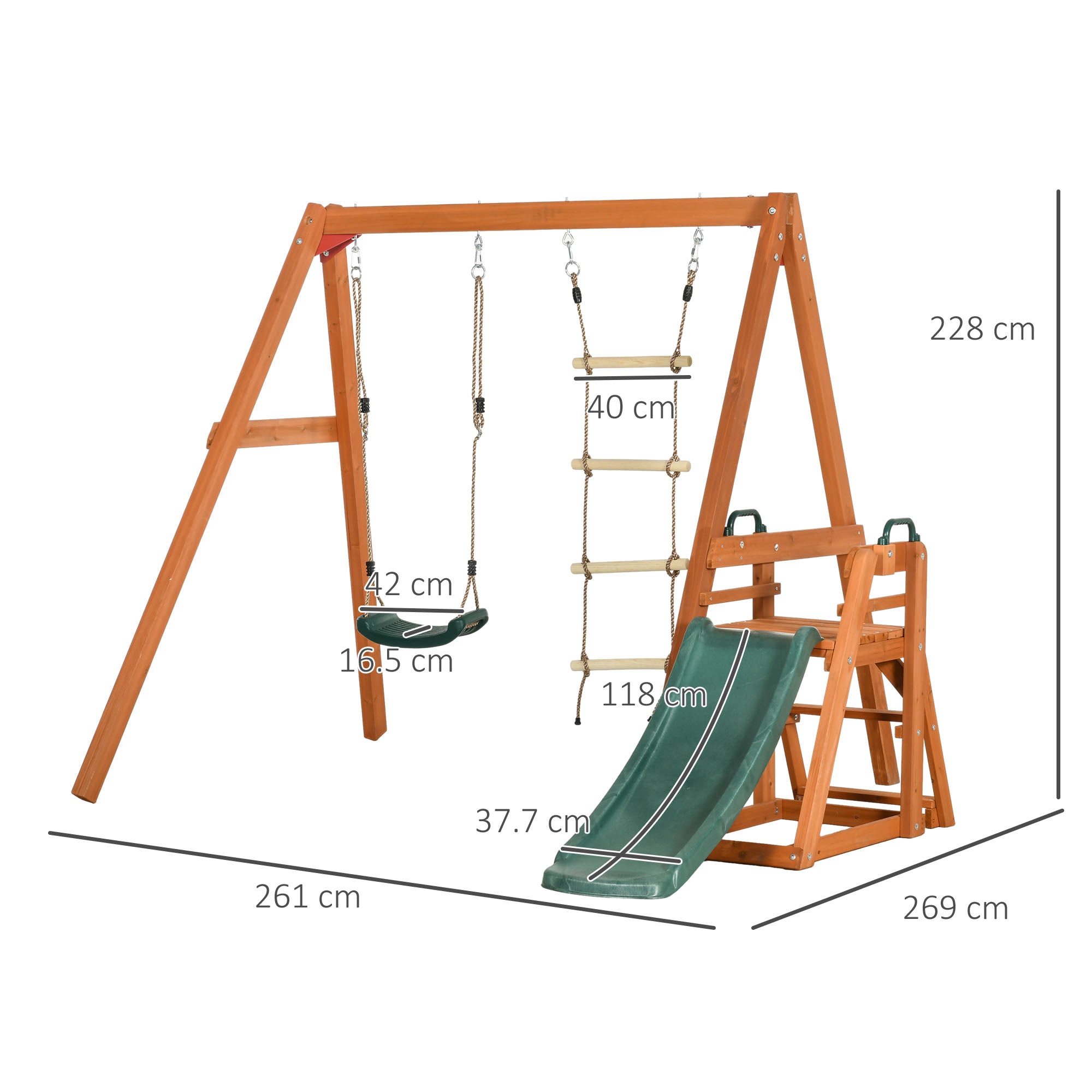 3 in 1 Set with Slide, Garden Swing, and Rope Ladder, Outdoor Playset for Children Ages 3-8, Wooden Structure, Green