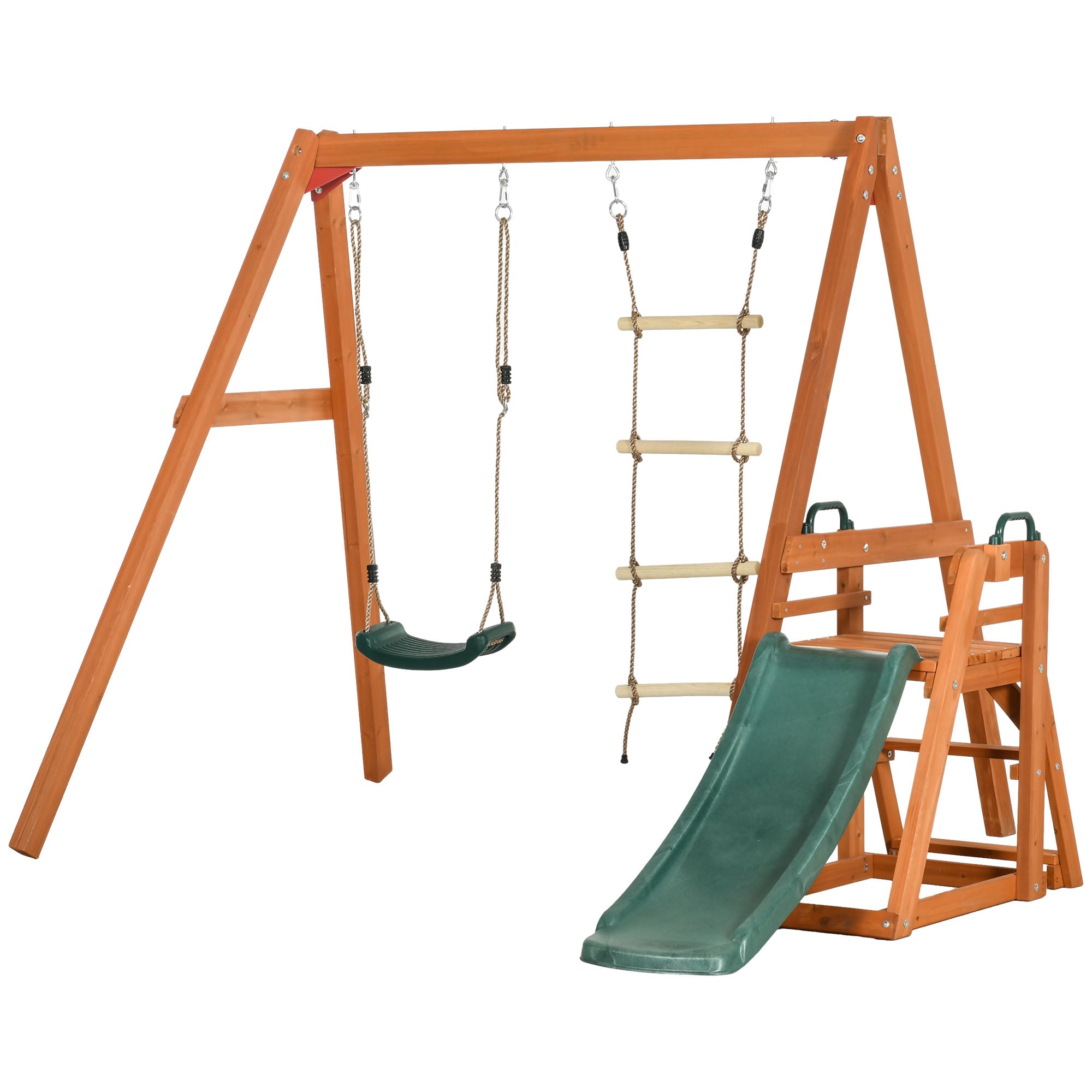 3 in 1 Set with Slide, Garden Swing, and Rope Ladder, Outdoor Playset for Children Ages 3-8, Wooden Structure, Green