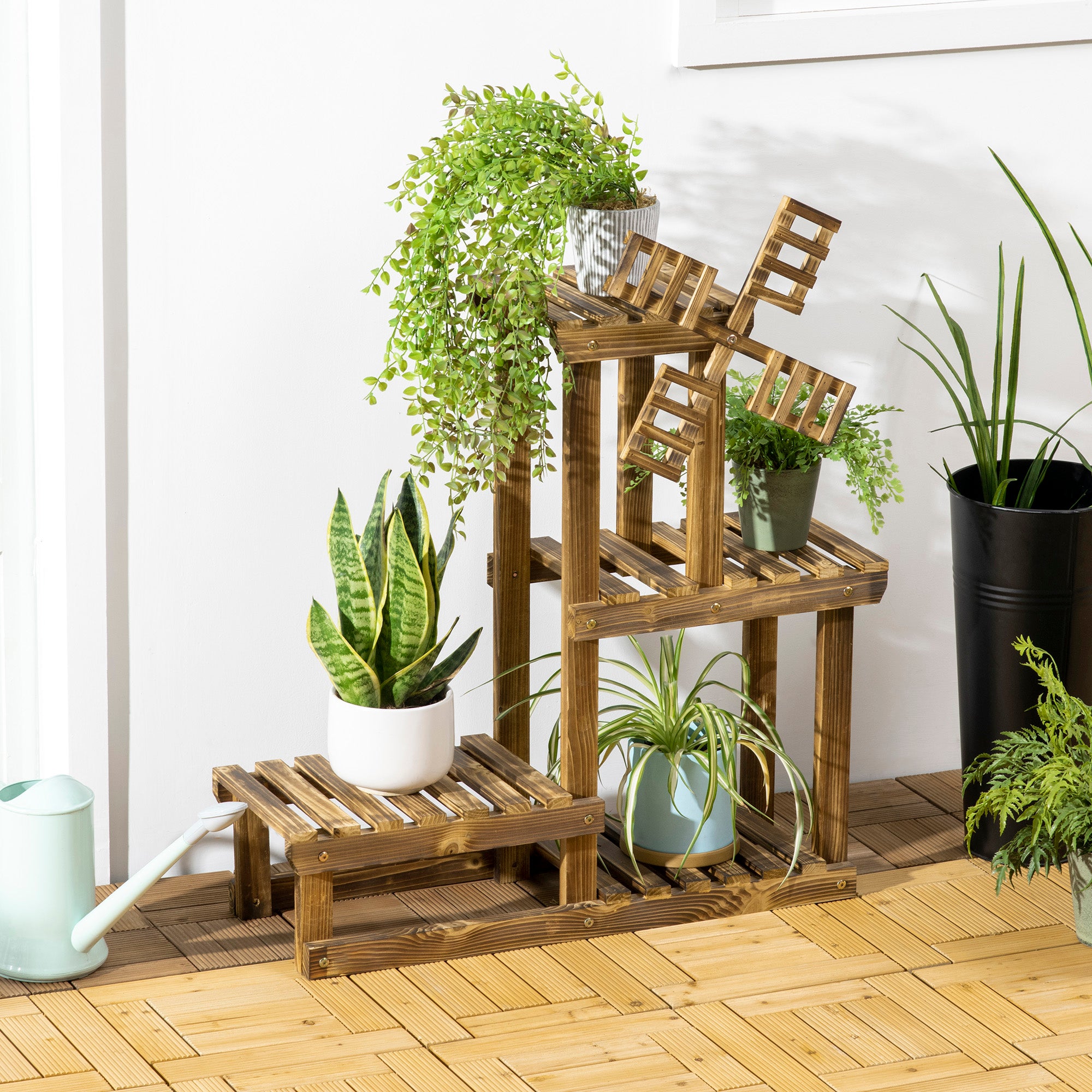 Outdoor Plant Shelf with 4 Display Spaces, Garden and Home Plant Stand with Windmill Decoration, 76x30x90cm