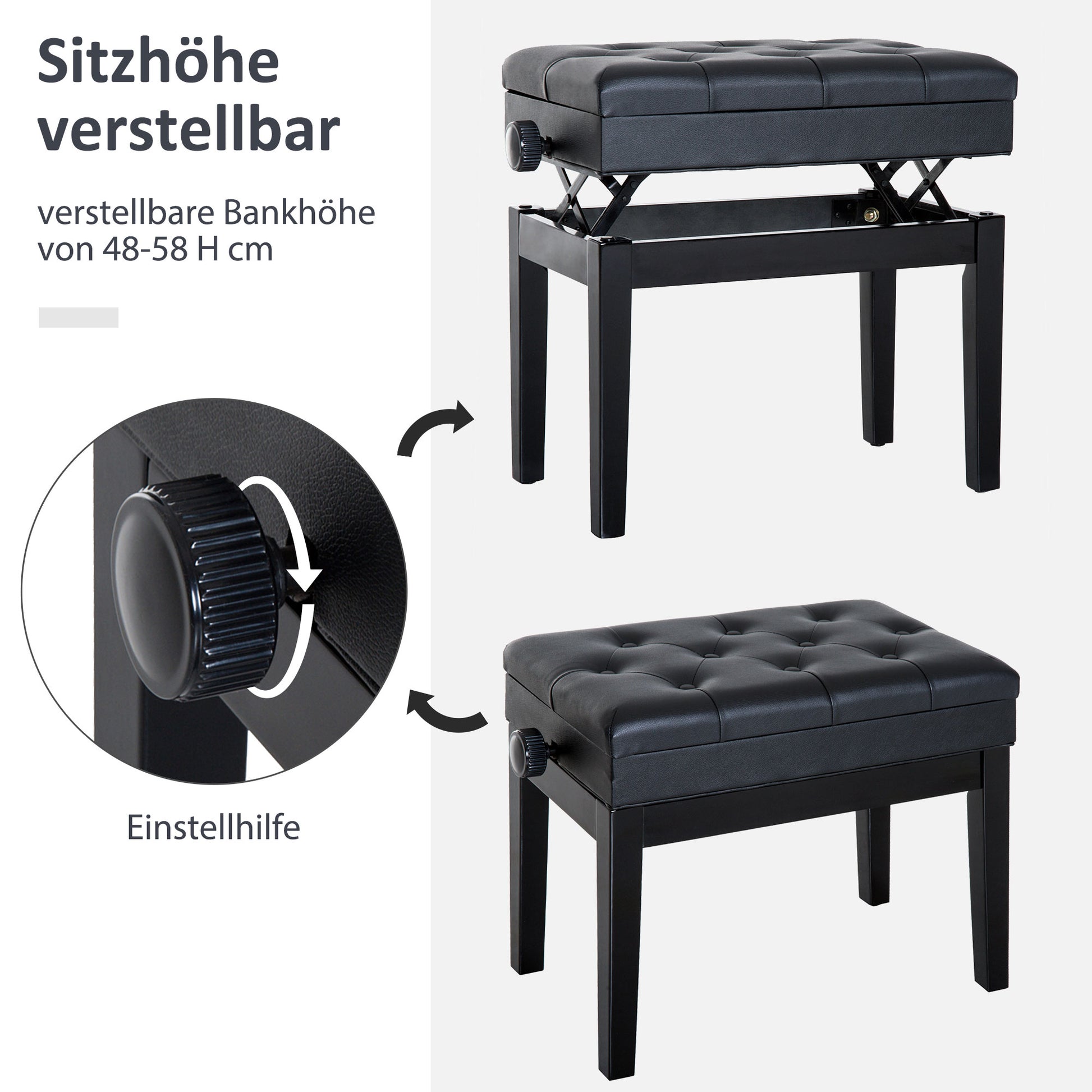 Piano Bench Keyboard Bench Piano Stool Stool with Storage Space Height Adjustable 54.5 x 33 x 48-58 cm