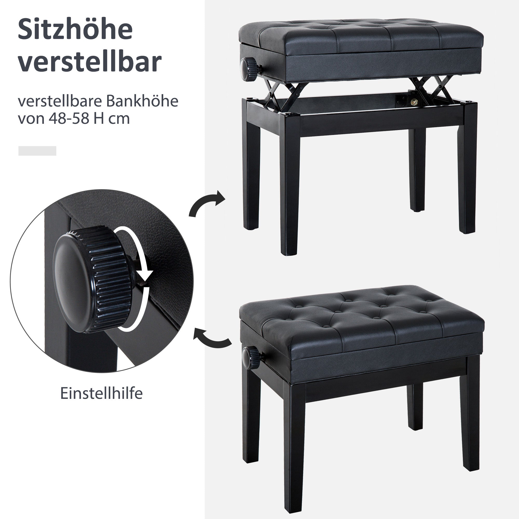 Piano Bench Keyboard Bench Piano Stool Stool with Storage Space Height Adjustable 54.5 x 33 x 48-58 cm