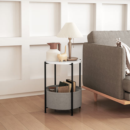 Side Table Round Bedside Table with Shelf and Fabric Basket, Steel Coffee Table for Living Room Bedroom 44 x 44 x 56 cm Gray+White