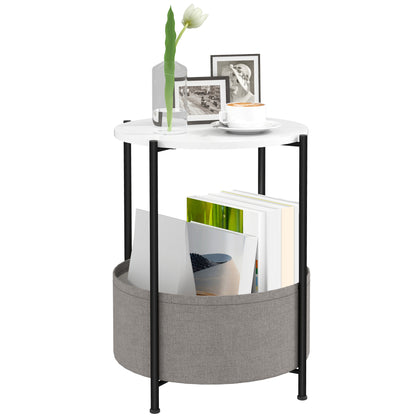 Side Table Round Bedside Table with Shelf and Fabric Basket, Steel Coffee Table for Living Room Bedroom 44 x 44 x 56 cm Gray+White